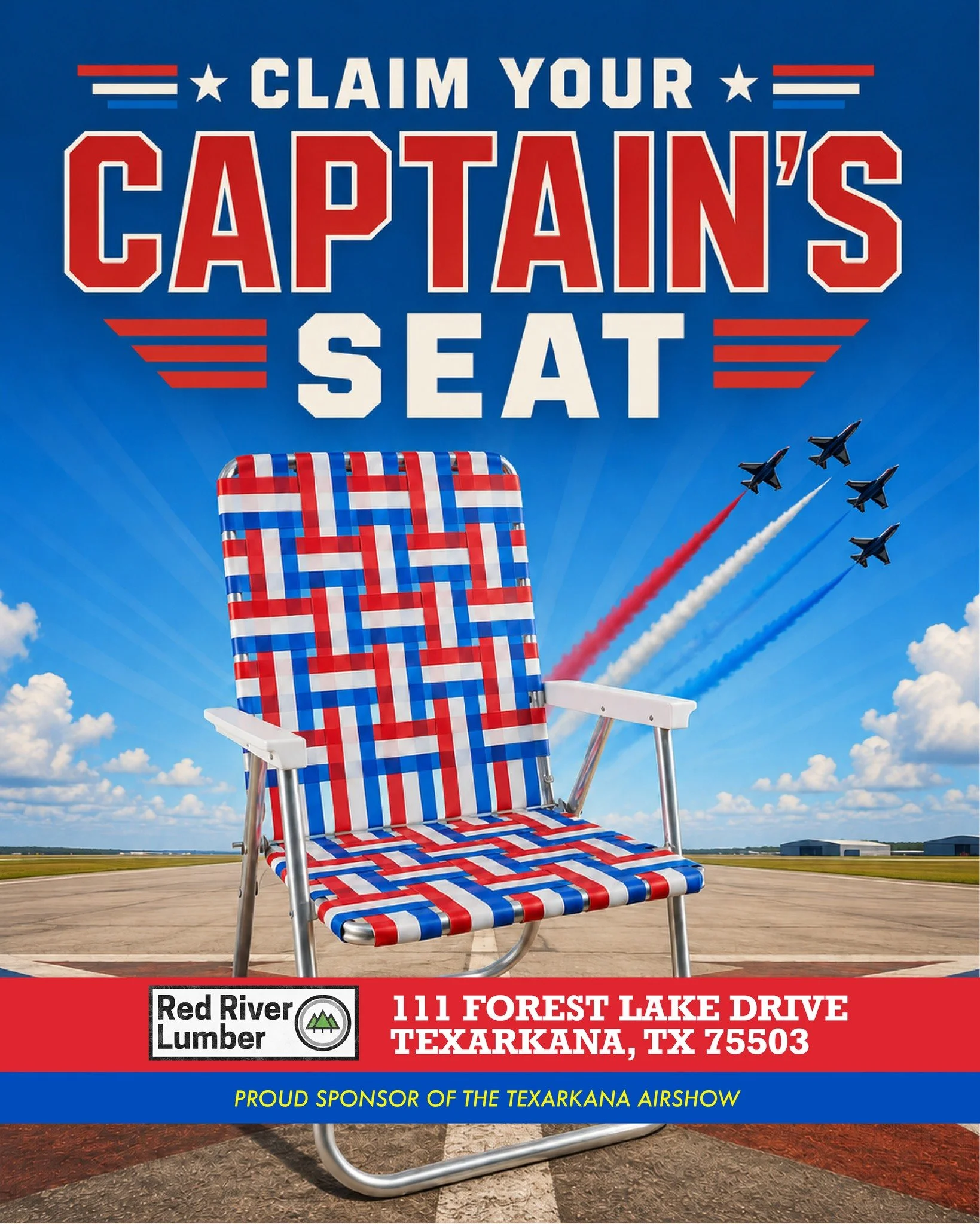 These red, white, and blue retro lawn chairs bring back that old-school summer look &mdash; bold woven straps, aluminum frame, patriotic colors, and the kind of style that feels made for airshow day.

Pick yours up at Red River Lumber before the Texa