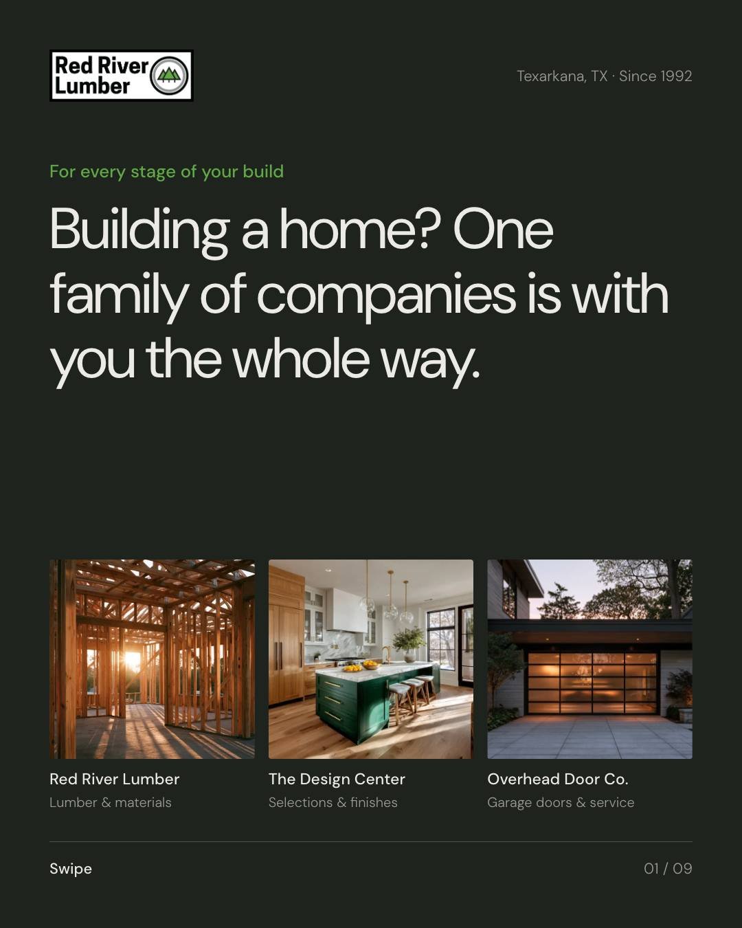 Takeoffs and framing packages before ground breaks. On-time lumber deliveries through the build. Selections handled at The Design Center. Garage doors chosen, installed, and serviced by Overhead Door Co of Texarkana.

Building or thinking about it? W