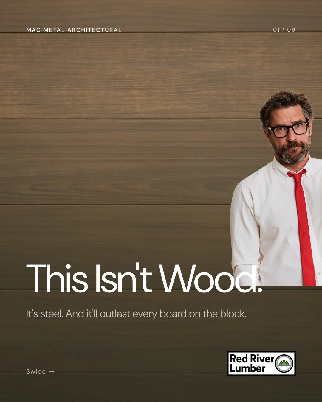 This isn't wood. It's MAC Metal &mdash; pre-painted steel siding with the warmth of real grain, a 40-year warranty, and zero maintenance. No staining, no sealing, no rot.

Swipe to see why architects and builders across the Ark-La-Tex are making the 