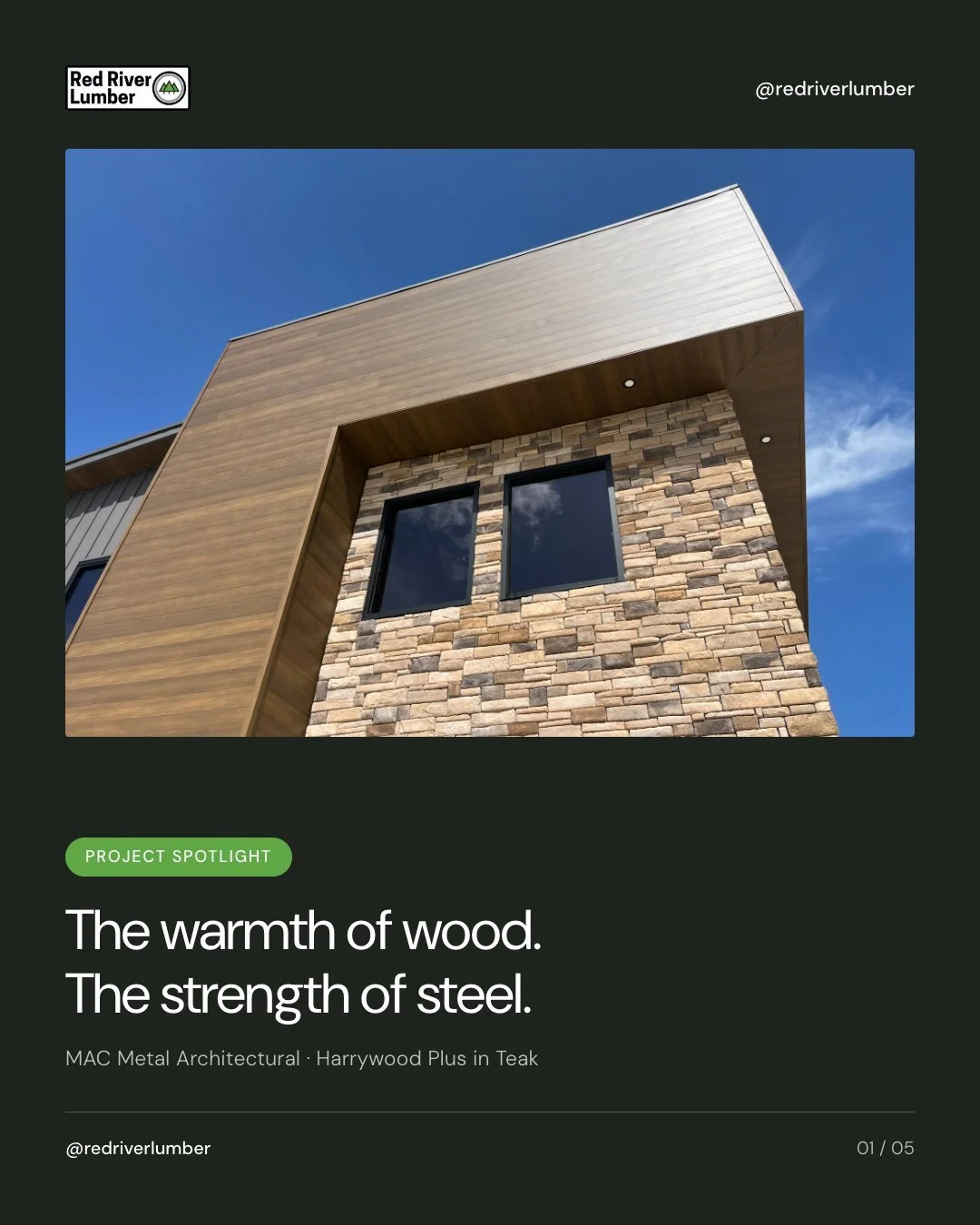 The warmth of wood. The strength of steel. 🌲

MAC Metal Architectural's Harrywood Plus in Teak gives you the look of natural timber &mdash; with none of the rot, warping, or upkeep.

On this Ark-La-Tex build, one profile wraps walls, fascia, and sof