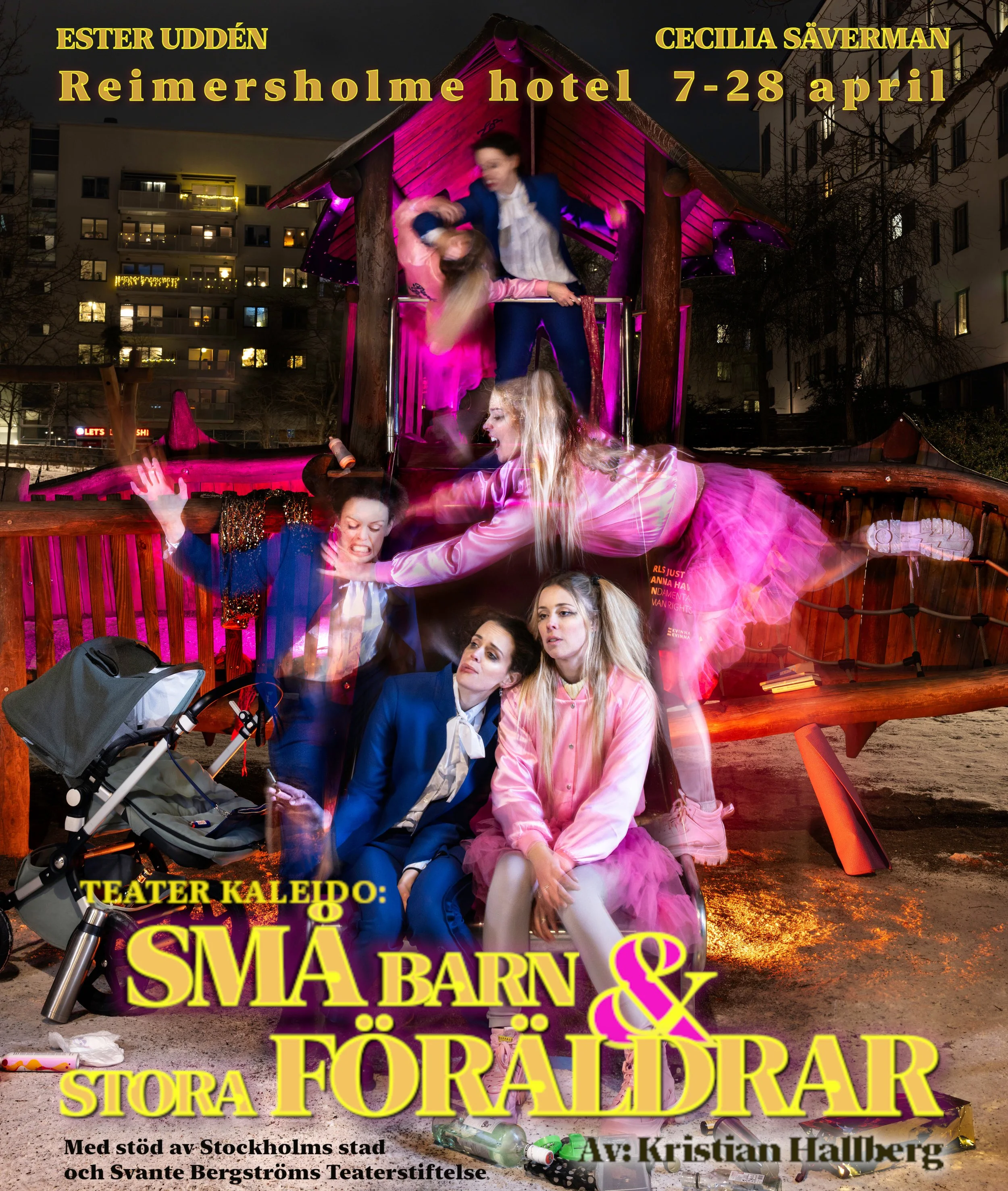 Ester Uddén och Cecilia Säverman i föreställningen Små barn stora föräldrar av Kristian Hallberg med premiär på Remiersholme Hotells barscen den 7:e april.