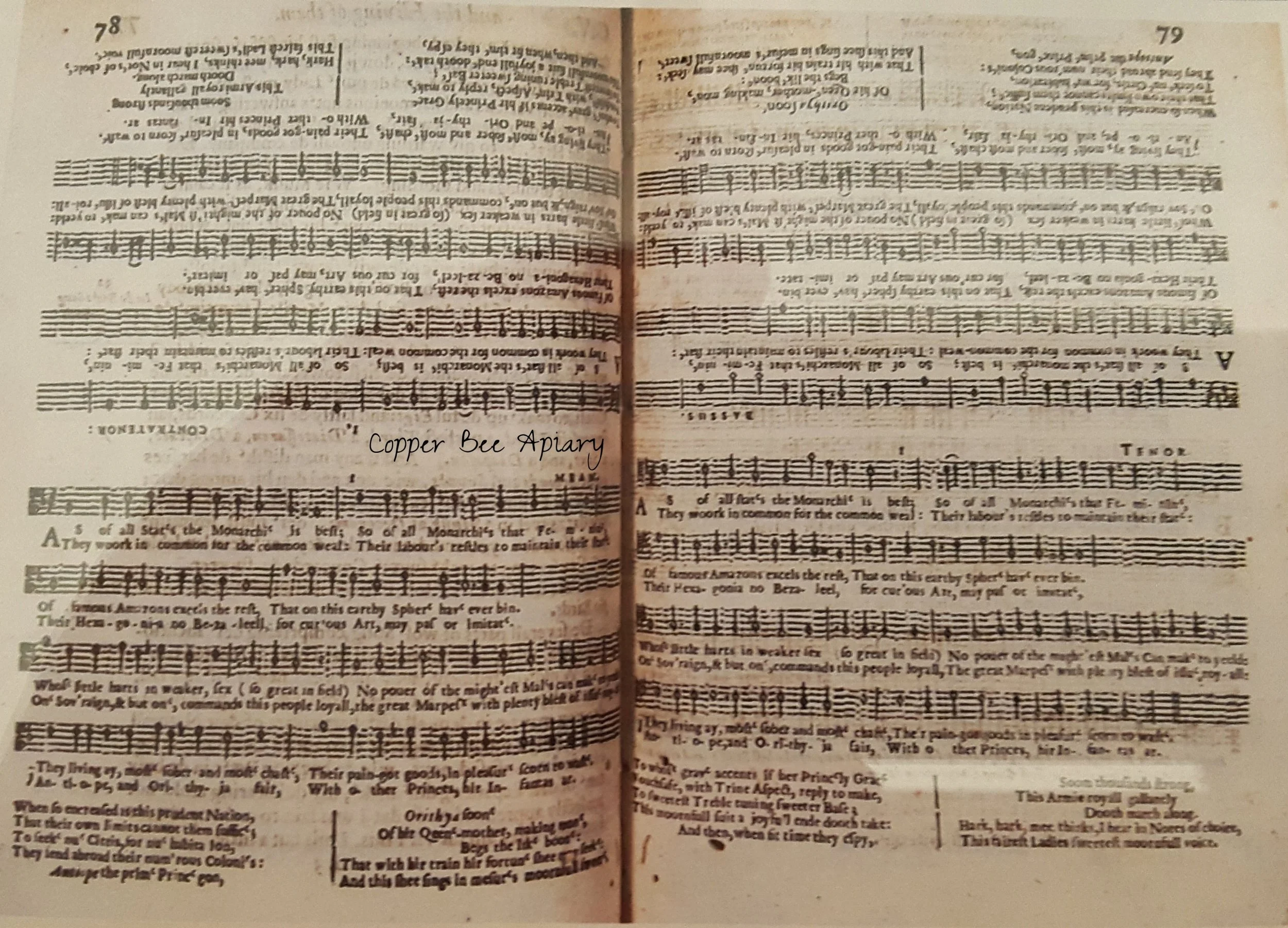 Charles Butler's bee music with rousing lyrics: As of all States the Monarchie is best; So of all Monarchies that Feminine, Of famous Amazons excels the rest, That on this earthy Sphere have ever bin.