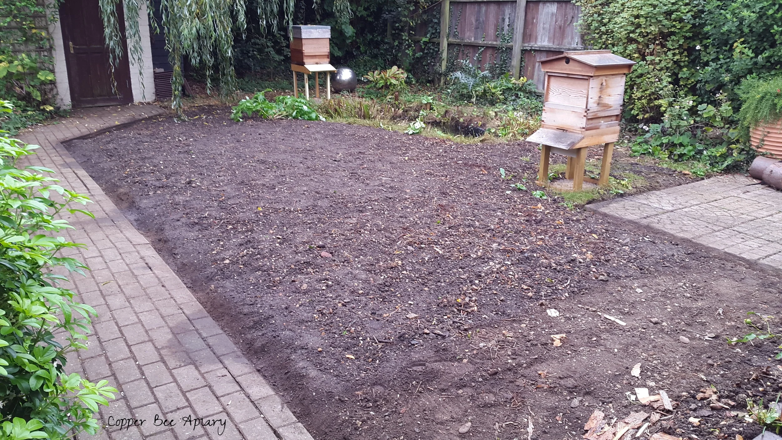 Copper Hive and Pond Hive now visible from here, having been previously hidden behind raspberry canes.
