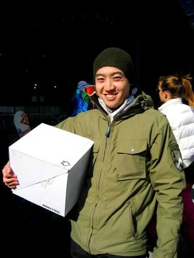 Showing off my prize: a brand new helmet for my wondrous display of Newton's Third Law in a terrain park.