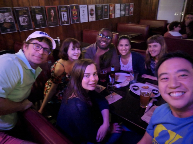 Closing down the VI on the next to last night of the week. (L to R): Joel, Caroline, Rachel in front of Caroline, Jabari, Cristi and Sarah sharing life stories, poets and writers we're inspired by and eating lots of tater tots.