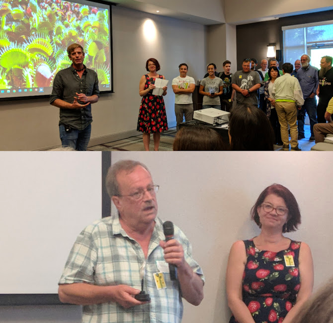Damon Collingsworth (above, left) surprises Peter with the announcement before the conference audience. Peter D'Amato (bottom left) speaking to the audience upon accepting the inaugural ICPS Lifetime Achievement Award as California Carnivores staff member and conference organizer extraordinaire Daniela Ribbecke looks on. An international line of society presidents, shop owners and academics lined up to share how they all got their start thanks to his kindness, generosity and encouragement.