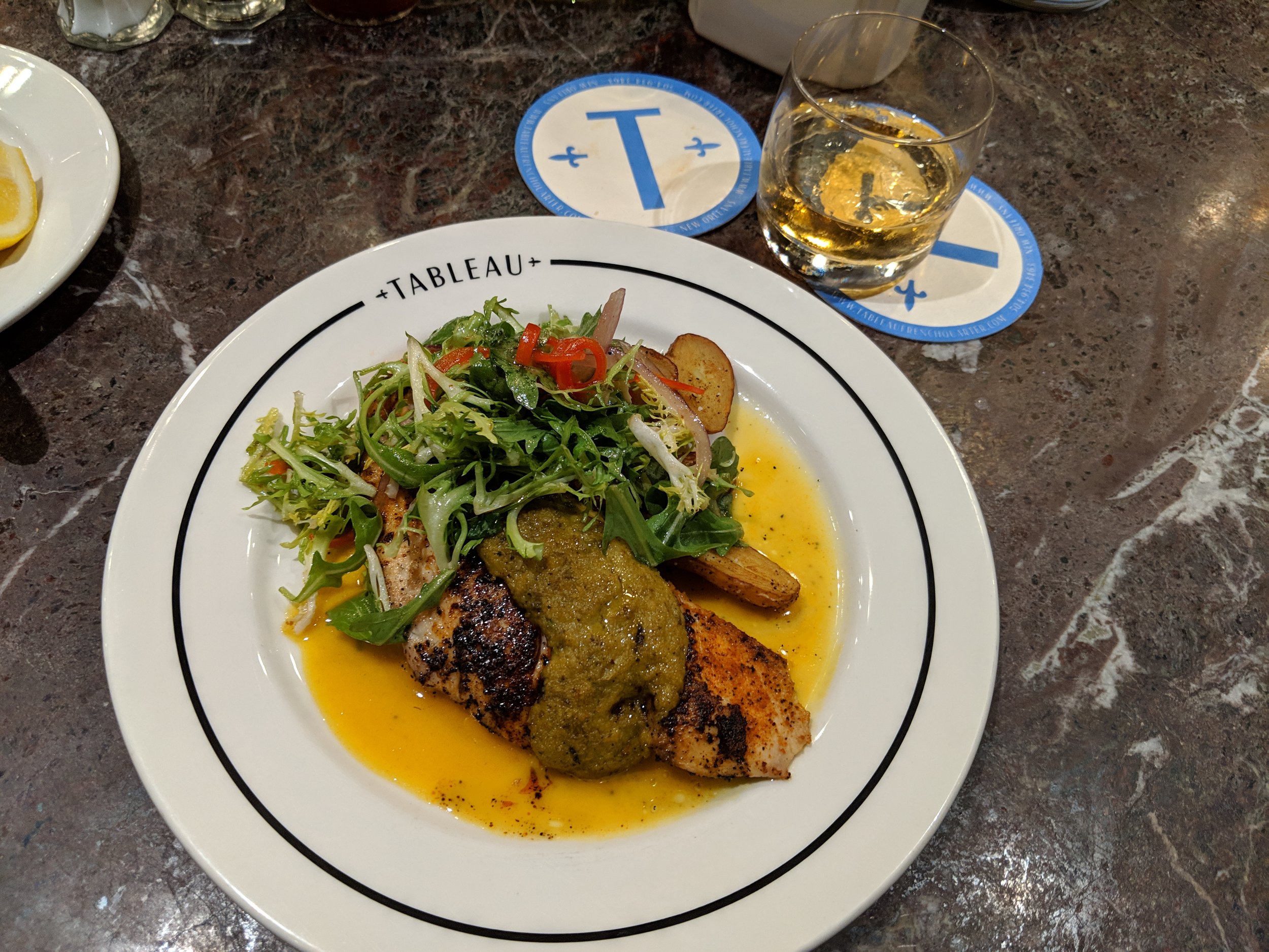 I managed to make it to Tableau before the kitchen closed and enjoyed my post-climb feast of local redfish with a greens salad and an Angel’s Envy bourbon. I ended dinner refreshed from my evening climb, spirits lifted from the delicious meal and ready for a couple of days of conference-going by the river.