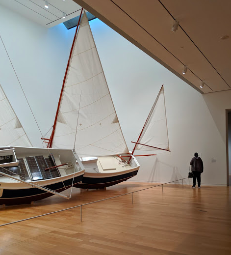 Visiting the Modern Art Museum of Fort Worth, checking out what’s left of Bas Jan Alder’s performance piece from the 1970s. Ultimately his boat was recovered during an overseas voyage but he was never found. The ultimate performance piece perhaps…