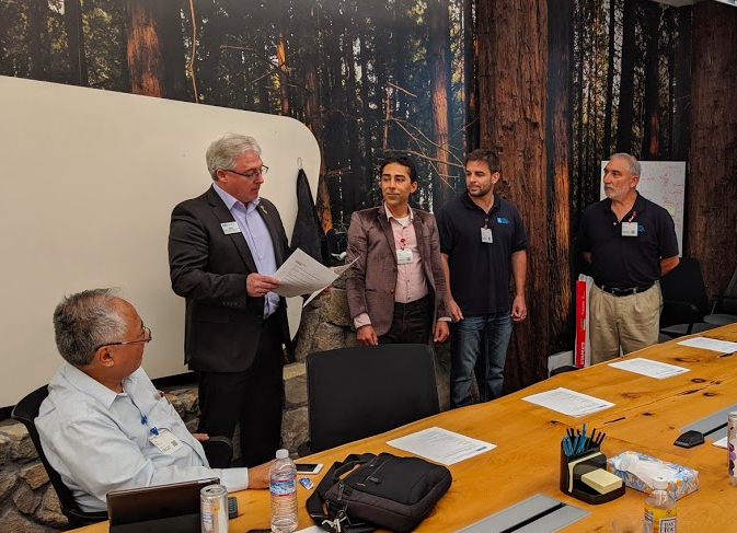 The 2019 NSPE National President Michael Aitken participating in our officers installation ceremony, welcoming in the 2019-2021 NSPE-California leaders. From left to right: Cliff Ishii, Past NSPE-California President, Michael Aitken, incoming State President Mehdi Khalili, Vice President Joseph Quinn, Treasurer Ken Discenza.