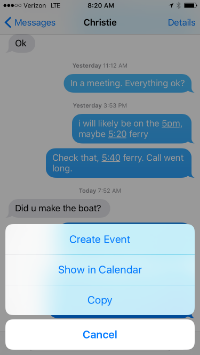 The text “5pm” in a text message is recognized by iOS as a trigger for creating a calendar event