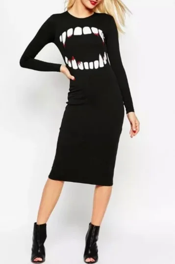 Black Vampire Teeth Print Round Neck Shift Dress - Original Price $34.99 (SALE Price $23.99)