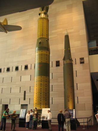 Display of Soviet and American missiles at the Smithsonian Air and Space Museum in Washington DC.