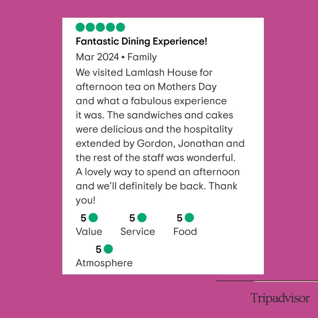 It's always a nice surprise when we get a review and we're delighted to have received another one on TripAdvisor after Sunday's Afternoon Tea for Mother's Day. 
Much appreciated.