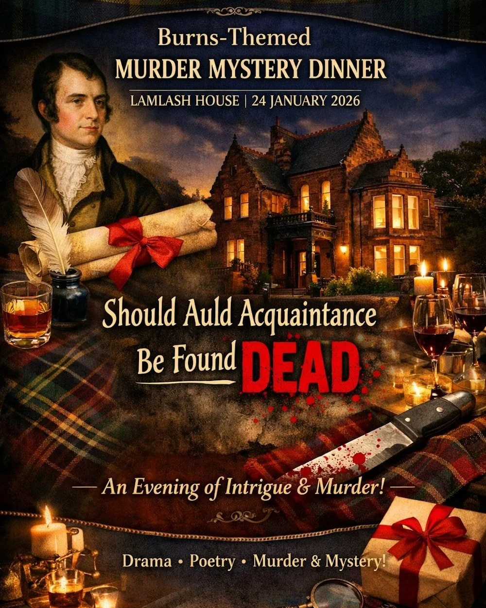 Final places remaining for our Burns Night Murder Mystery at Lamlash House

Our Tentpeg Murderers evening on Saturday 24th January 2026 has been filling fast and we&rsquo;re now down to the last 4 spaces.  If you&rsquo;ve been meaning to book, now is