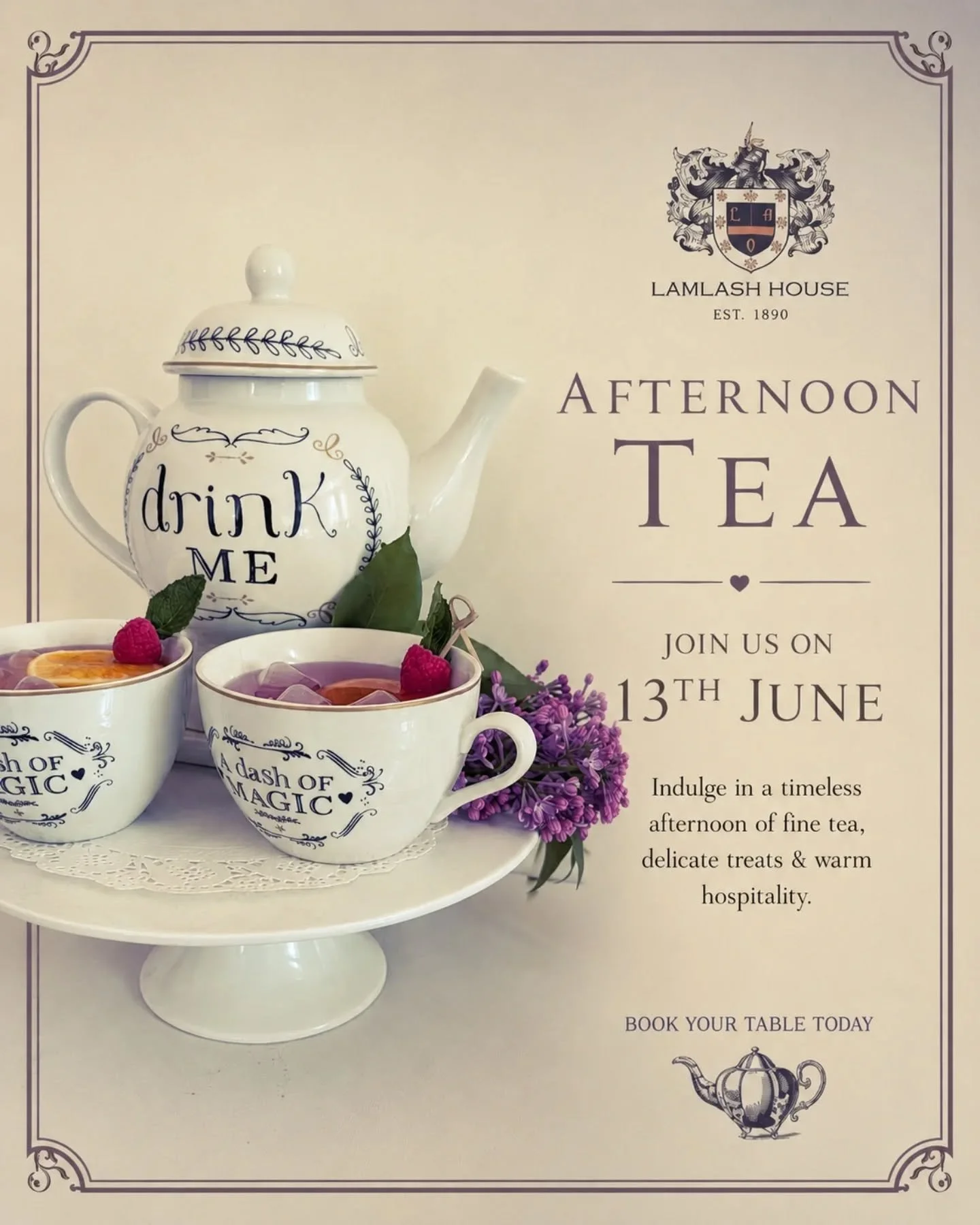 Join us on Saturday 13th June for our Afternoon Tea experience filled with delicate treats, fine teas, handcrafted cocktails and timeless charm.

From our signature prohibition teapots to freshly prepared sweet and savoury delights, it&rsquo;s the pe