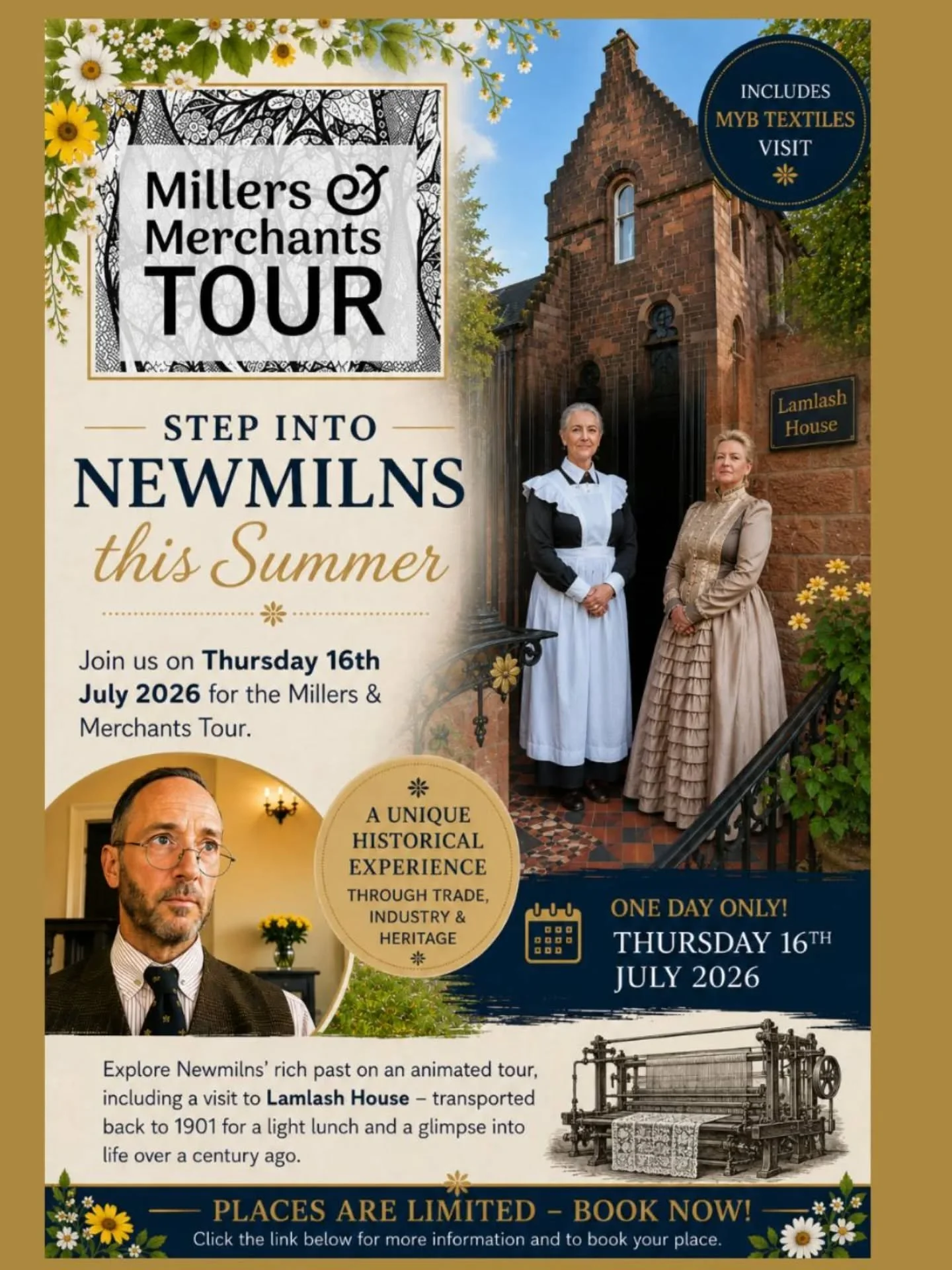Step back in time this summer with the return of the Millers &amp; Merchants Tour in Newmilns with @tastinghistoryayrshiretours

Join us on Thursday 16th July 2026 for a truly unique historical experience exploring the rich textile and trading herita