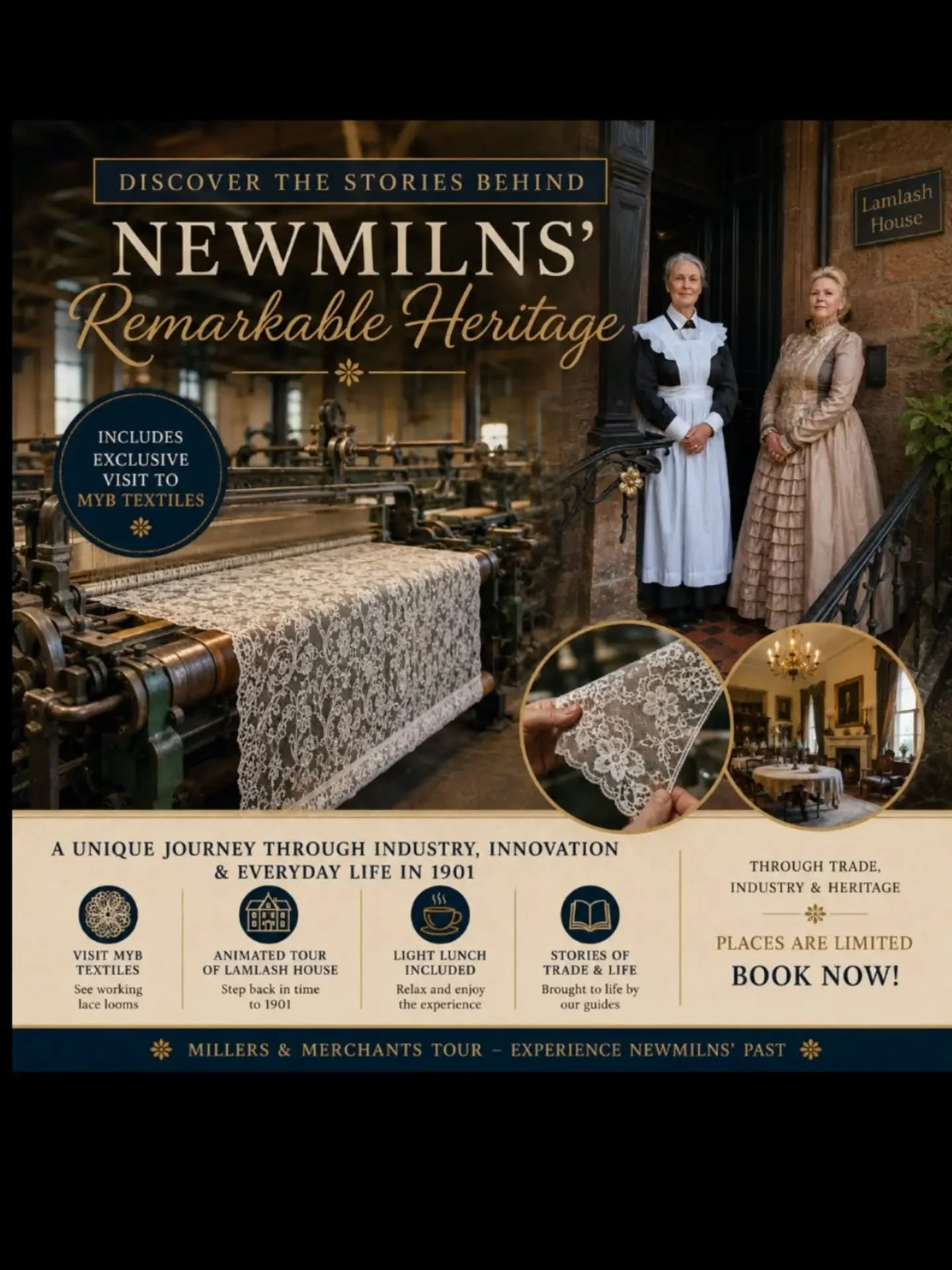 Did you know that Newmilns was once recognised around the world for its lace?

The story begins at MYB Textiles, where some of the world's last original Nottingham lace looms are still producing exquisite lace today. Their rhythmic movement, intricat