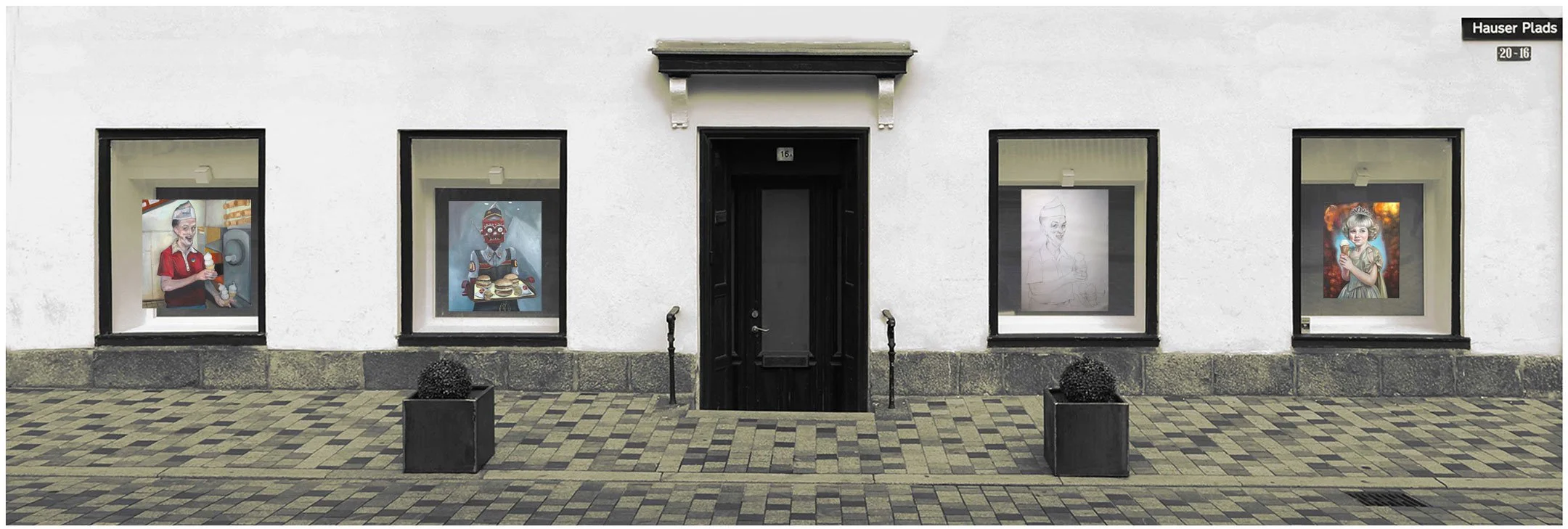 Art Gallery, space windows with paintings and drawings