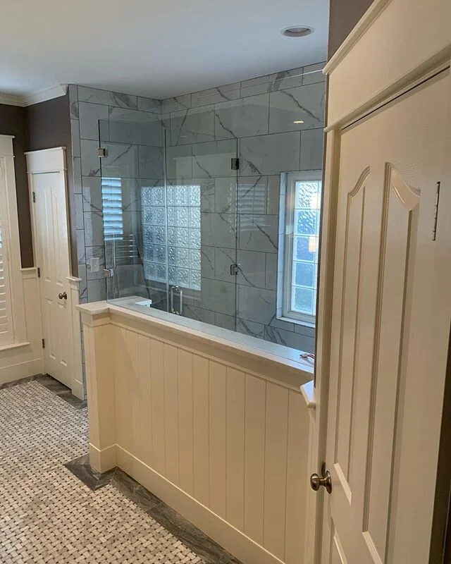 Here are some finished photos of the bathroom remodel I completed recently. I built the vanity and almost all of the trim was made in my shop. I built a half wall for the new shower enclosure and all the walls got wrapped in tongue and groove wainsco