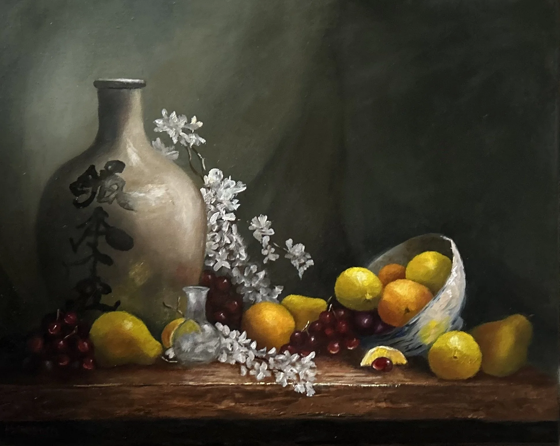 Still Life with Mixed Fruit and White Blossoms