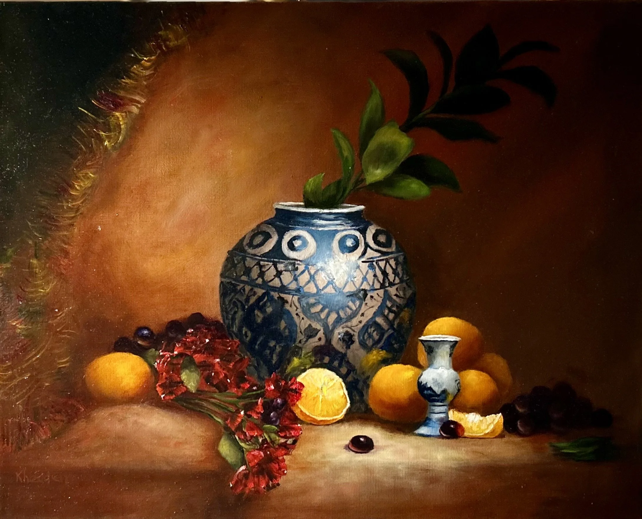 Blue vase with fruit and flowers