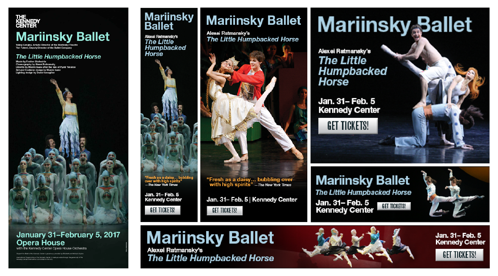 Poster as displayed in the Hall of States at The Kennedy Center (left), Web ads as seen in various theater and performing arts websites (right).