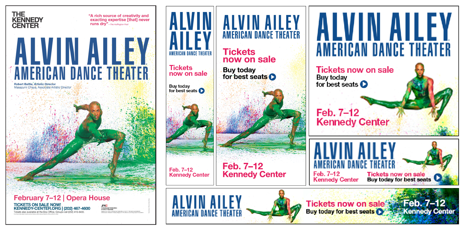 Show poster posted on several establishments in the D.C. area (left), web ads for usage on various theater and performing arts websites (right).