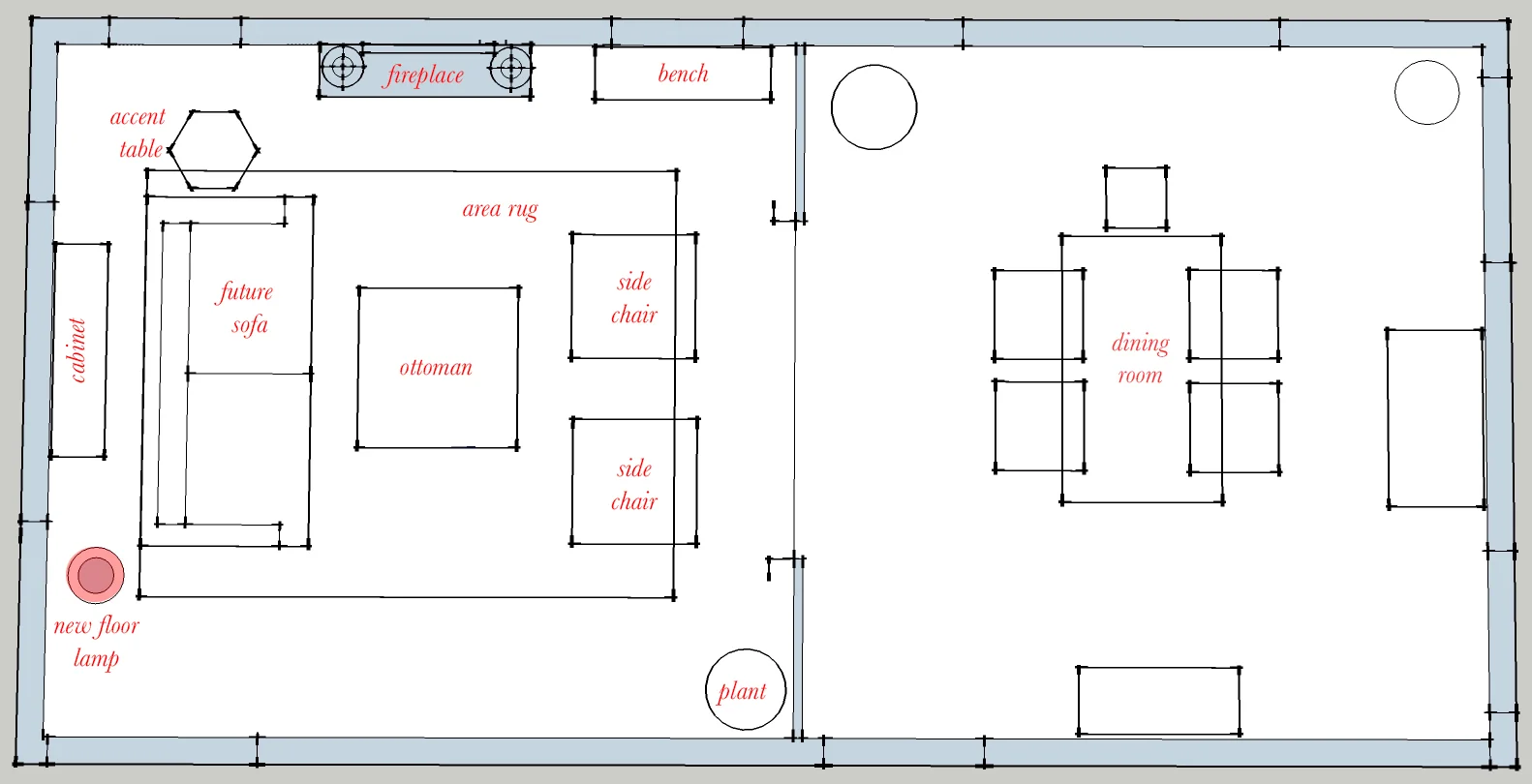 Everything that is marked is existing, but I did mark where she will add a floor lamp in the future.
