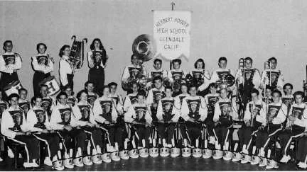 Hoover band directed by Richard Schieberl when it marched in the Rose Bowl, Tournament of Roses Parade and at Disneyland. Photo appeared in the 1956 Scroll, Hoover's yearbook. (Courtesy Special Collections, Glendale Public Library)