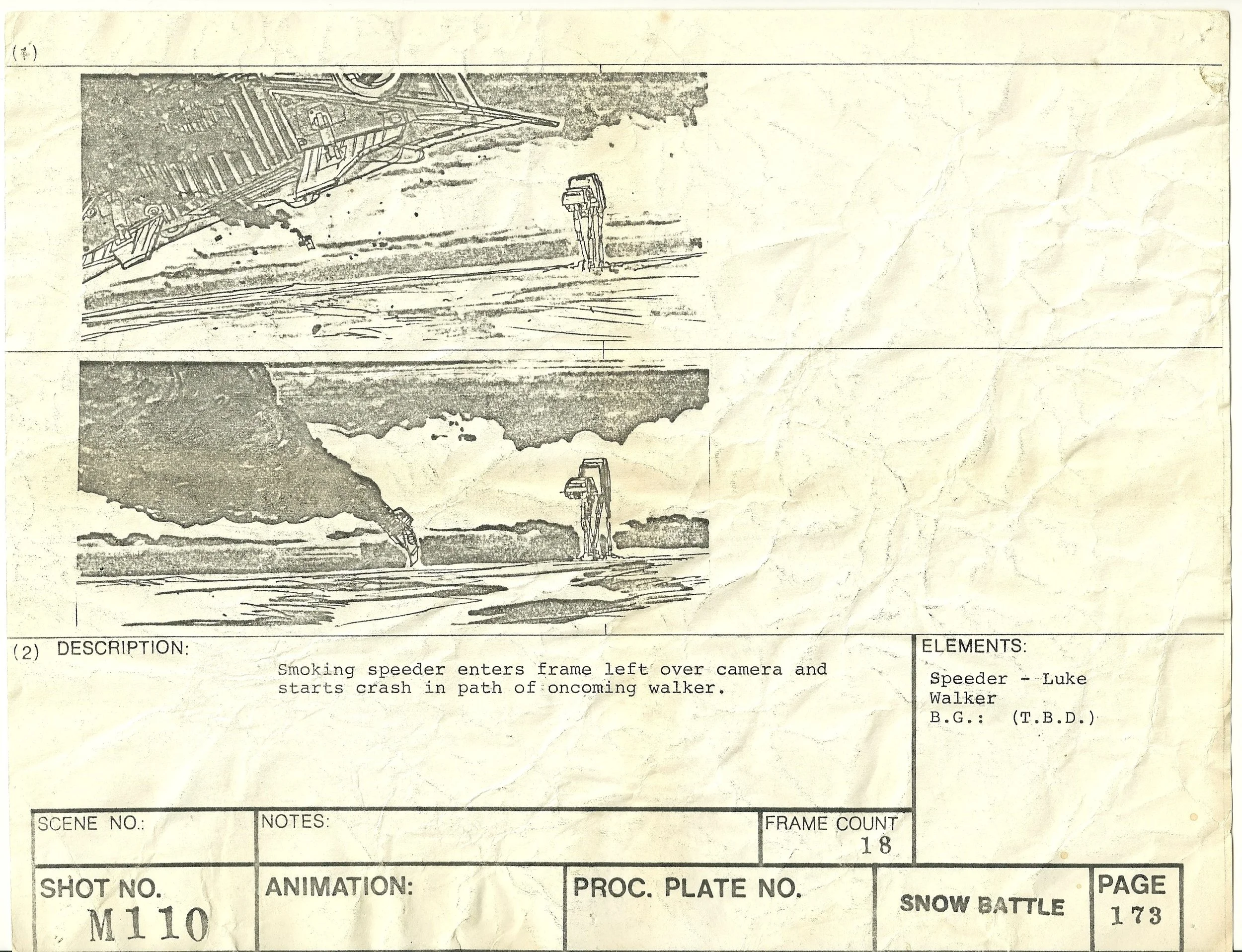 A snowspeeder gets shot down in this storyboard from THE EMPIRE STRIKES BACK - The Christopher Corey Smith Collection