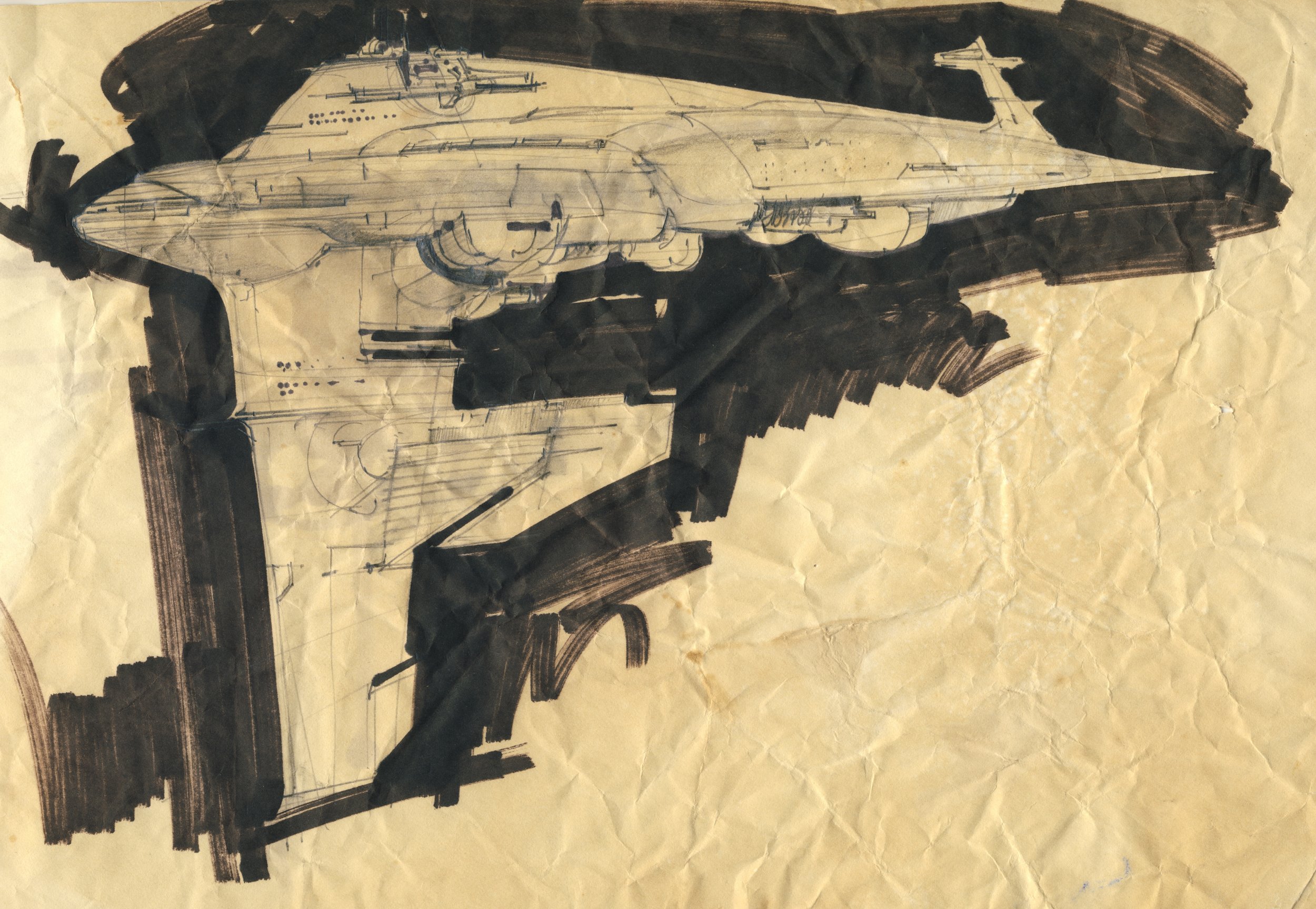Concept art of a Rebel Medical Frigate, possibly sketched by ILM's Joe Johnson- The Christopher Corey Smith Collection UPDATE: Paul Bateman informs us that this art is mostly likely the work of Nilo Rodis-Jamero. 