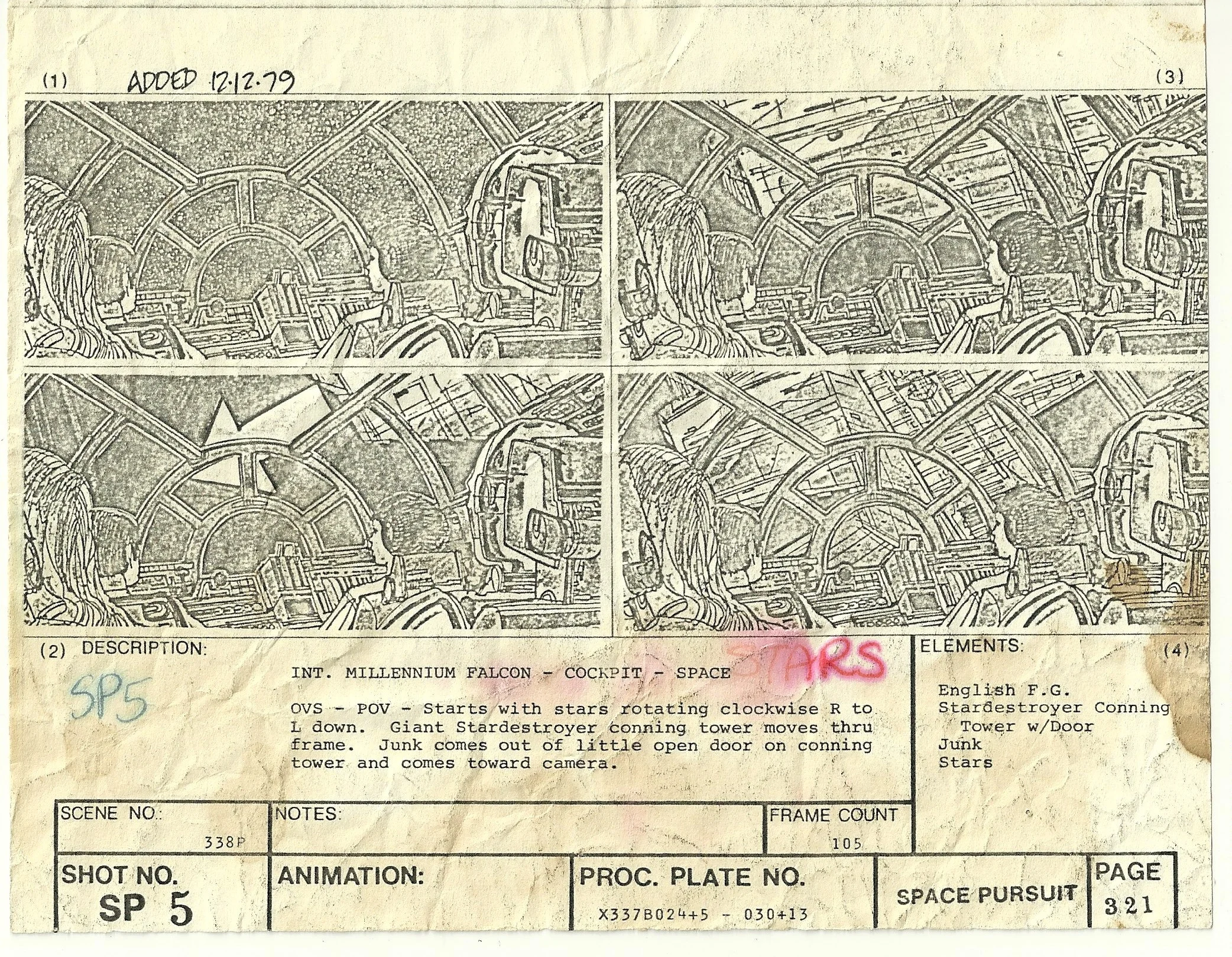 A sequence of Point-of-View shots from the Falcon's cockpit in this storyboard from THE EMPIRE STRIKES BACK- The Christopher Corey Smith Collection