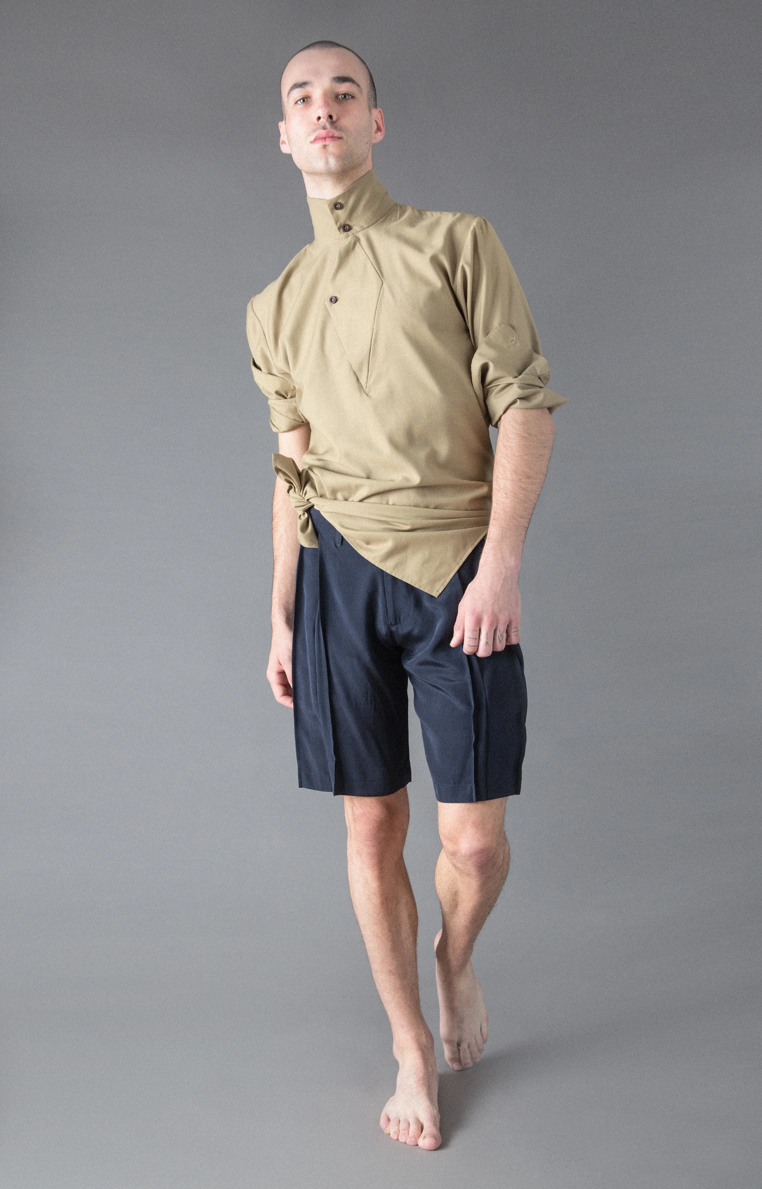 silk tunic, pleated silk shorts