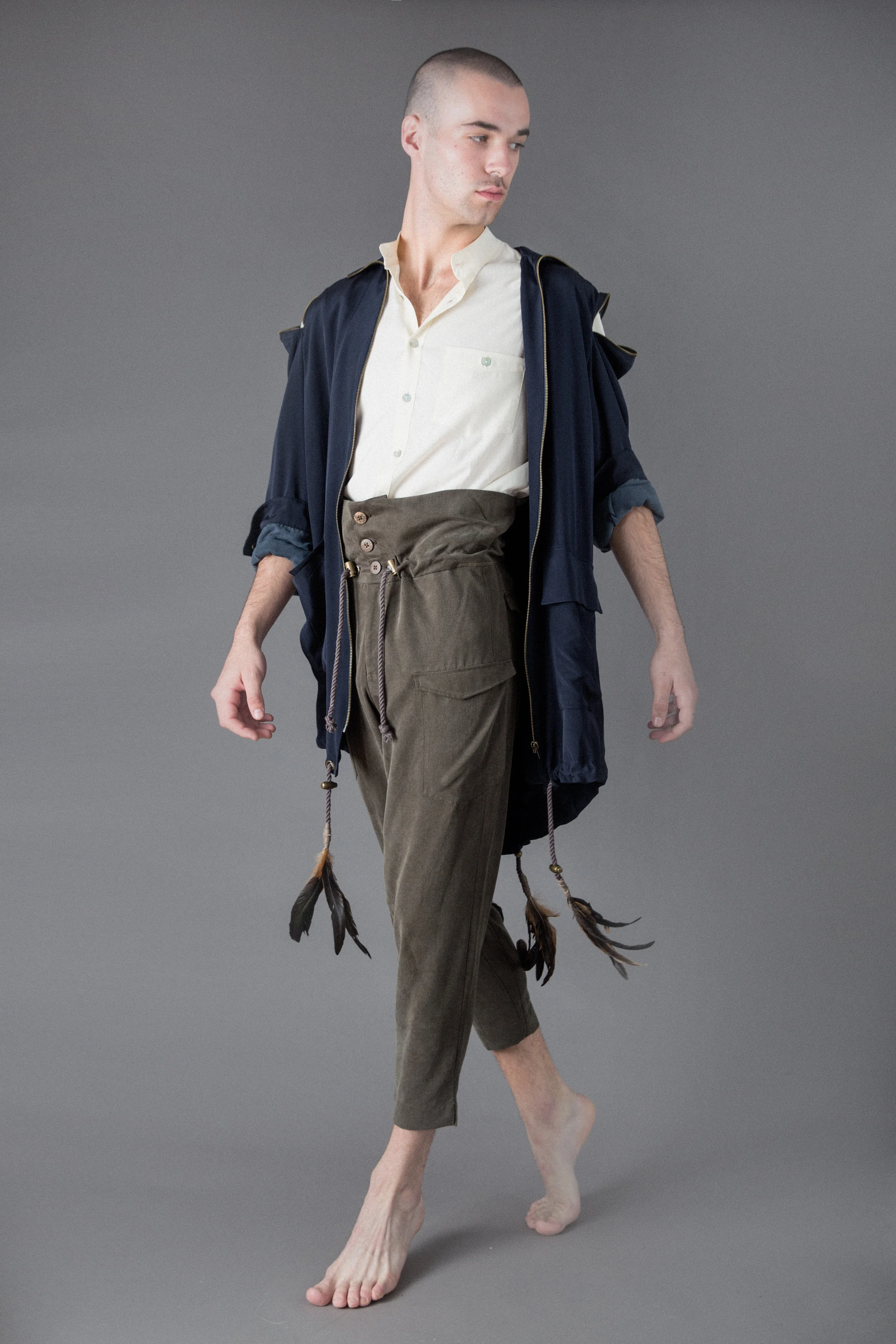 tensel t-shirt, tensel trousers, silk jacket with feathers