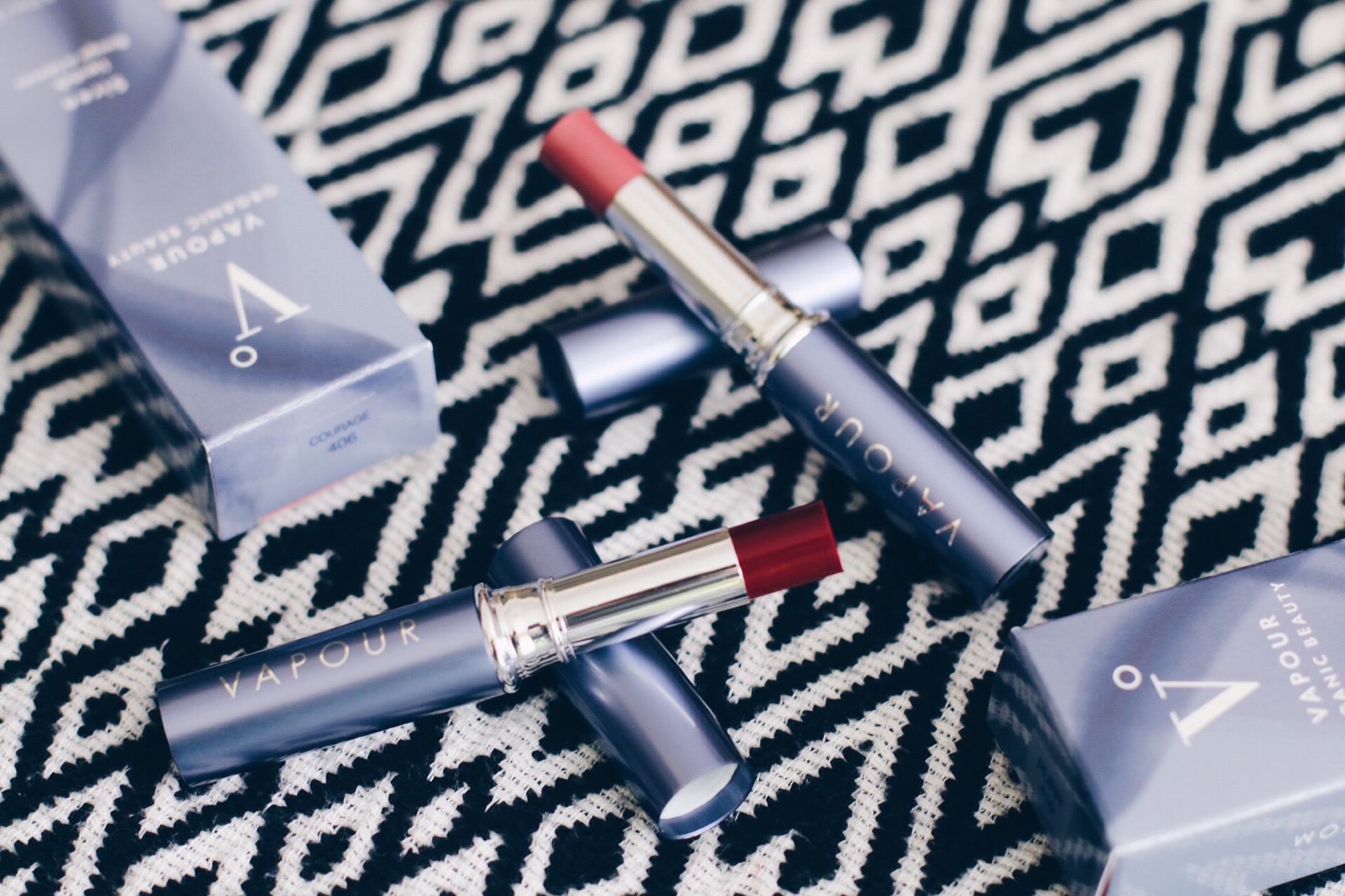 VAPOUR SIREN LIPSTICK IN "COURAGE" (FRONT) AND "PURR" (BACK)