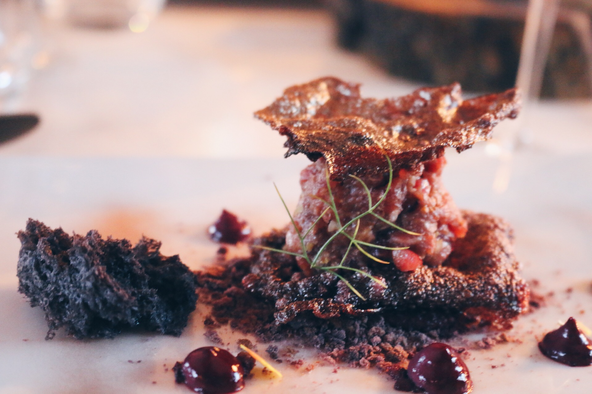 STEAK TARTARE WITH CHERRY EVERYTHING (SPONGE, CRUMBLE, CHIP, CREAM)