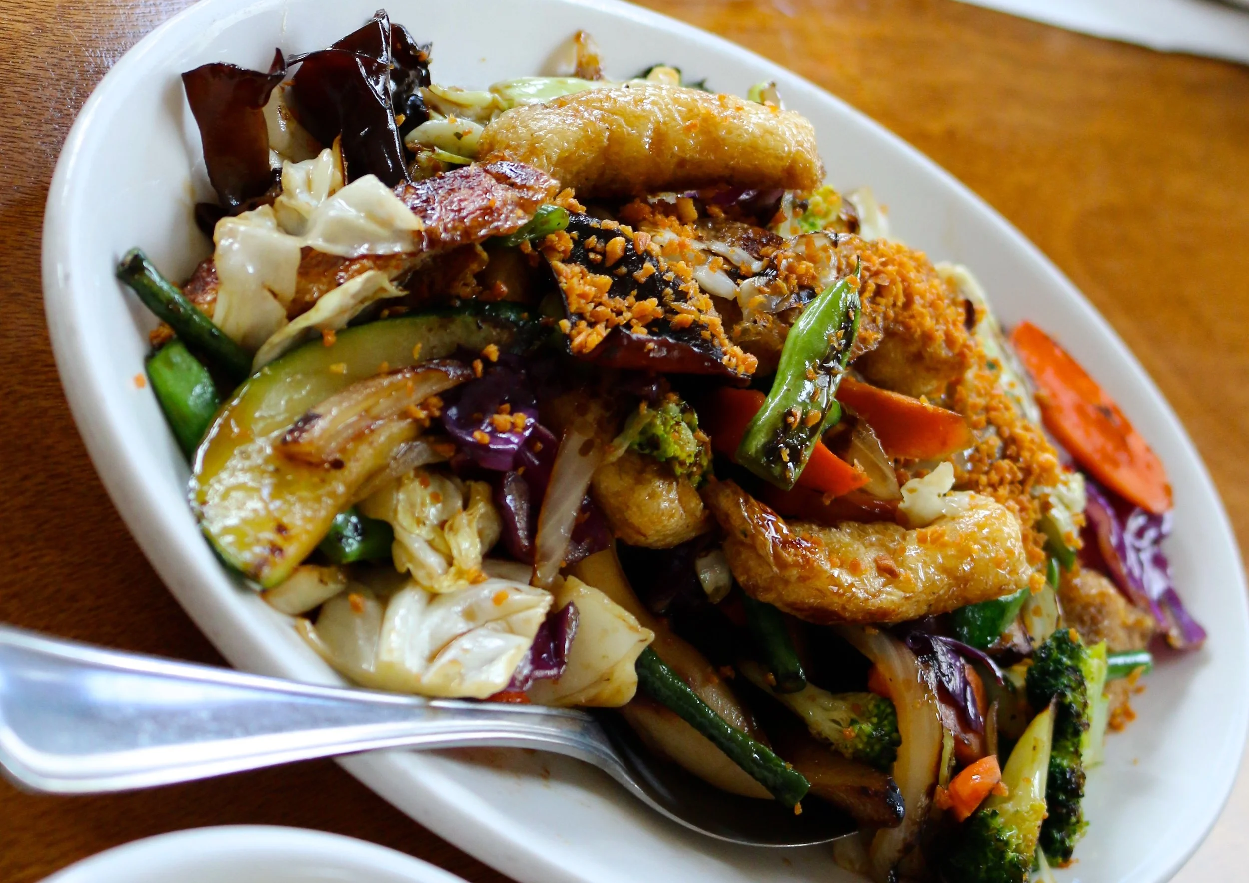 TOFU OYSTER SAUCE SAUTE - MARKET VEG, TOFU, HAMAKUA MUSHROOMS, BLACK TREE FUNGUS, SAKE AND TOASTED GARLIC.