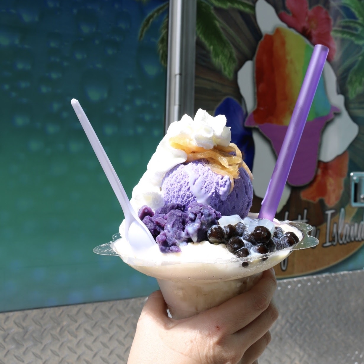 HALOHALO SHAVE ICE - fruit jellies, sweet potato, cantaloupe, boba, azuki beans, ube ice cream, whipped and condensed cream 