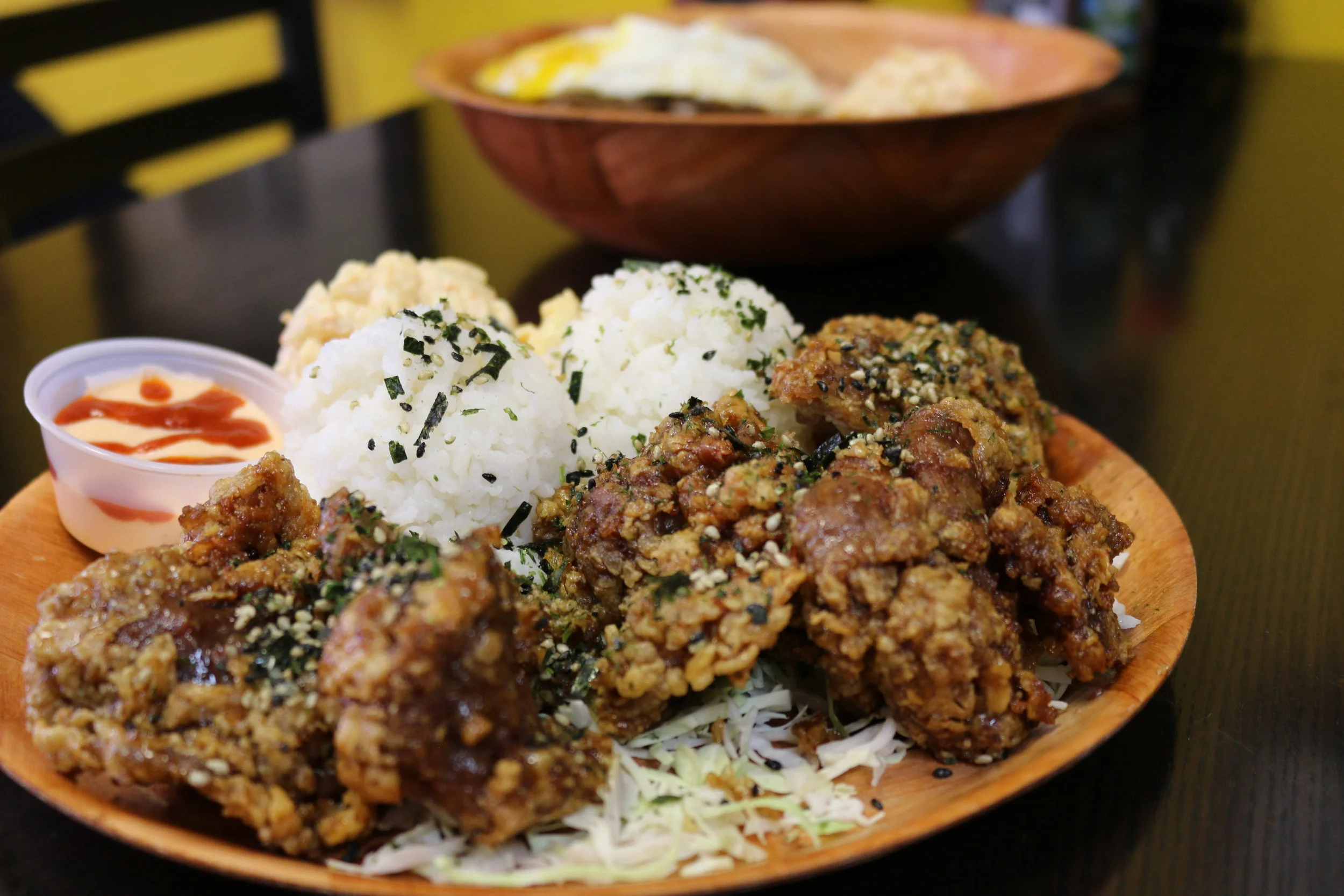 GARLIC FURIKAKE FRIED CHICKEN, TWO SCOOPS OF WHITE RICE AND MAC SALAD