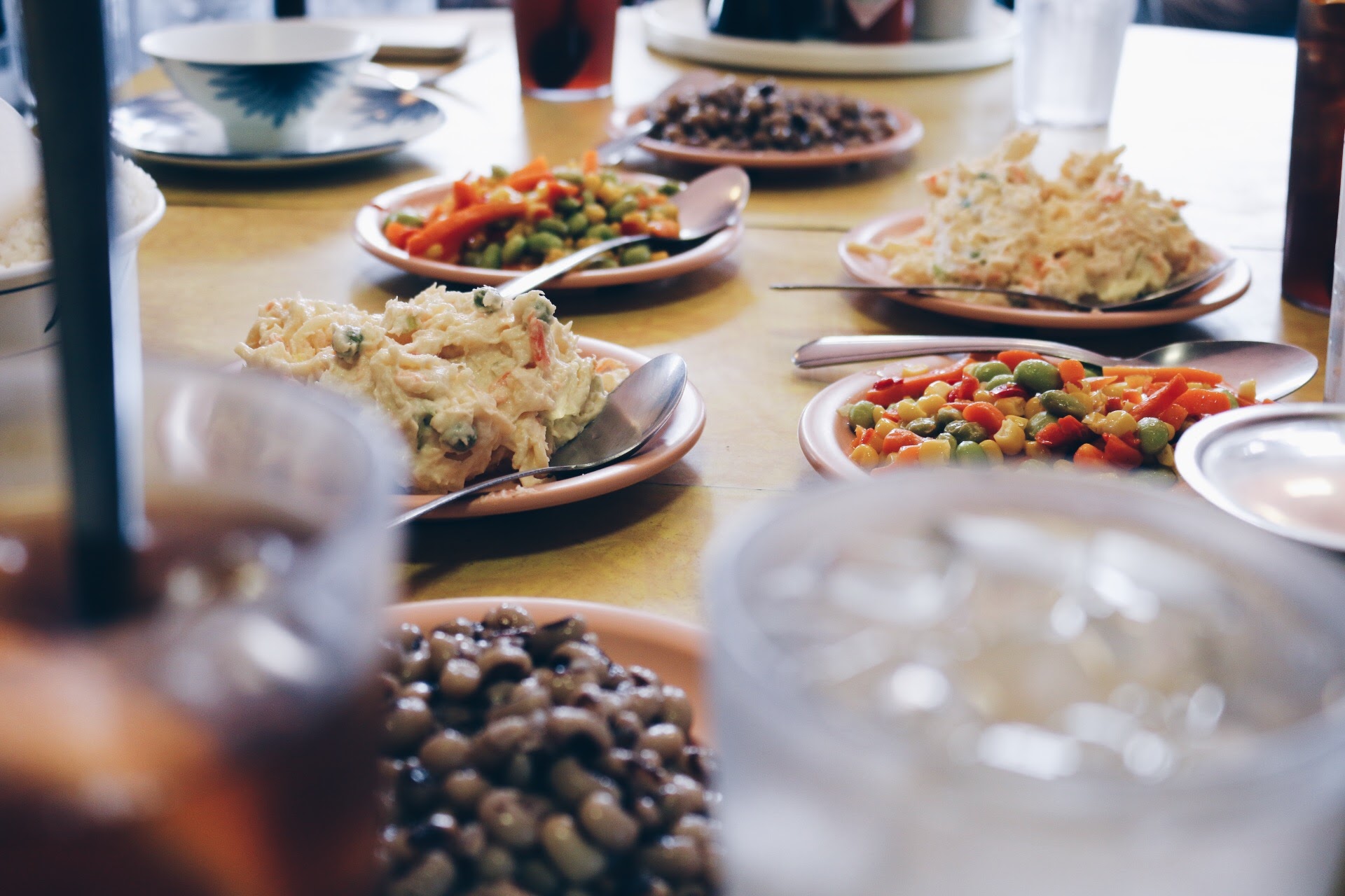 BUTTERY BLACK-EYED PEAS, CORN/EDAMAME/CARROT, AND CREAMY POTATO SALAD