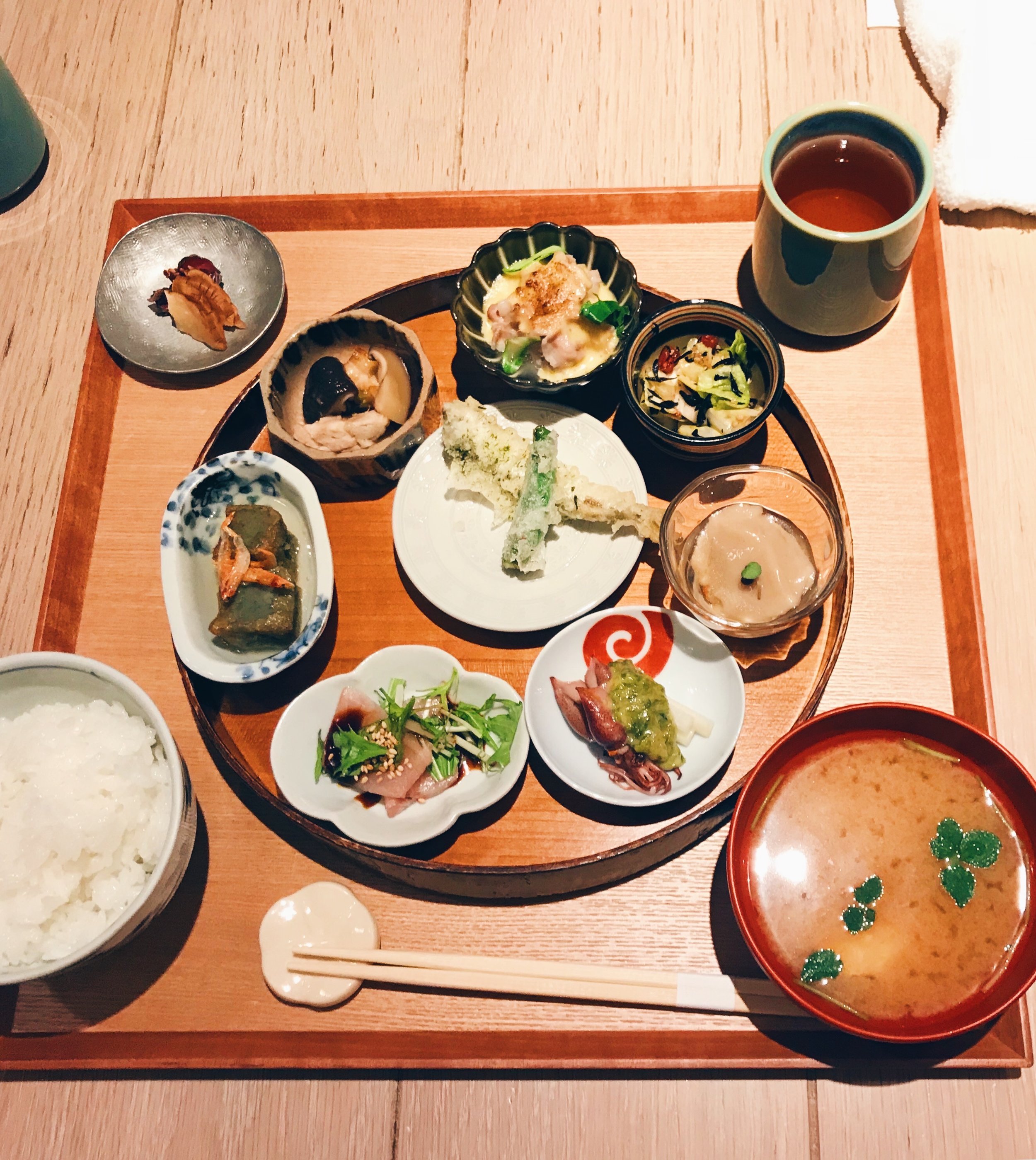 The set lunch at Akomeya with rice from Niigata