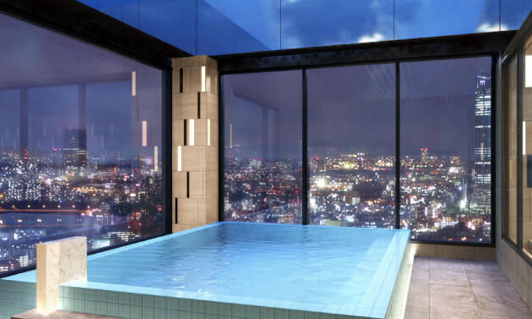 Outdoor bath at the SkySpa (note that there are usually frosted shades that go halfway up the windows)