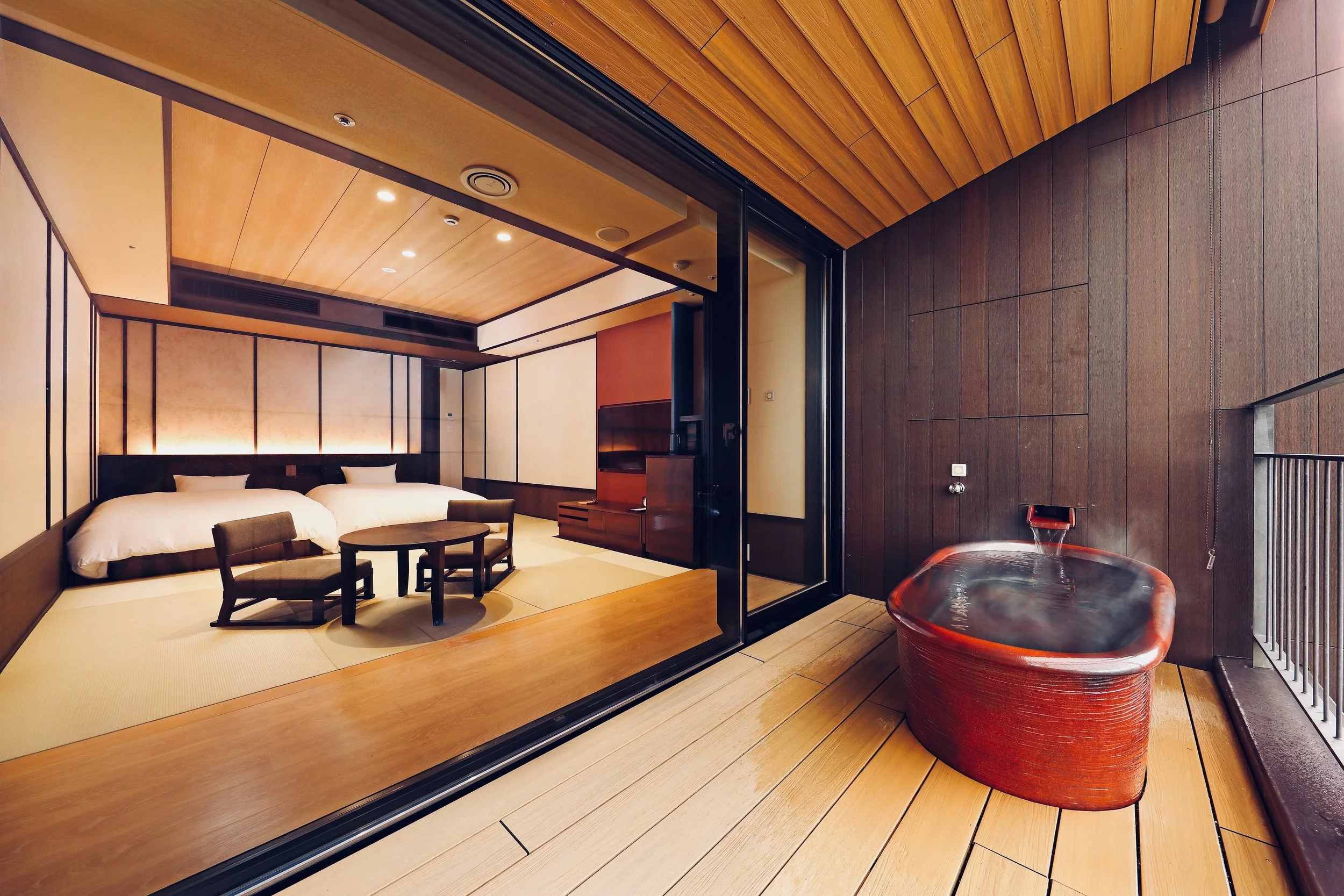 The private bath on the balcony which pours hot springs water is a nice treat when you don't feel like wearing your birthday suit in public