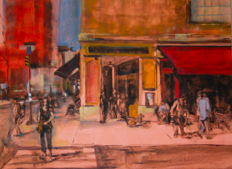 More color is being introduced. Notice that the artist is starting to work into smaller shapes and that some areas of the underpainting are showing through. You do not have to always use a neutral color but you can see here why it may be helpful because it is harmonious with the palette being used. Imagine if the preliminary underpainting was completed in a bright red or neon green and imagine the effect that might have.