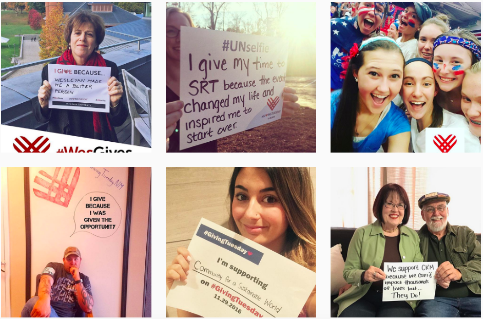 Photos detailing numerous #GivingTuesday causes from Instagram; bottom middle photo via @communityforasustainableworld