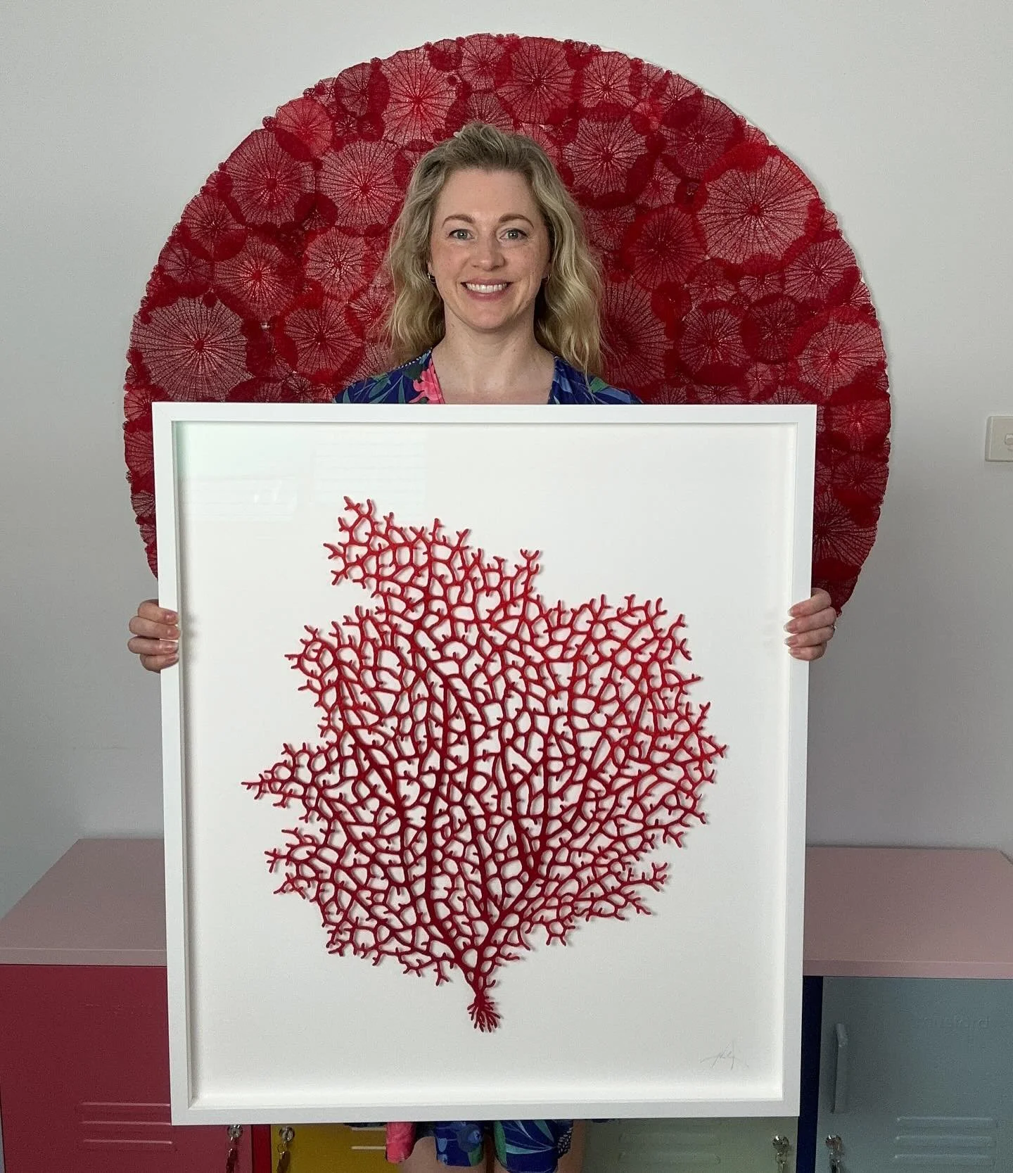 Ruby Gorgonian
Freehand machine embroidery &mdash; embroidery thread and pins on paper
83 x 73 x 4 cm (32.6&rdquo; x 28.7&rdquo; x 1.5&rdquo;) 
Framed in a white box frame behind museum glass
Available now with free worldwide shipping. 

This piece s