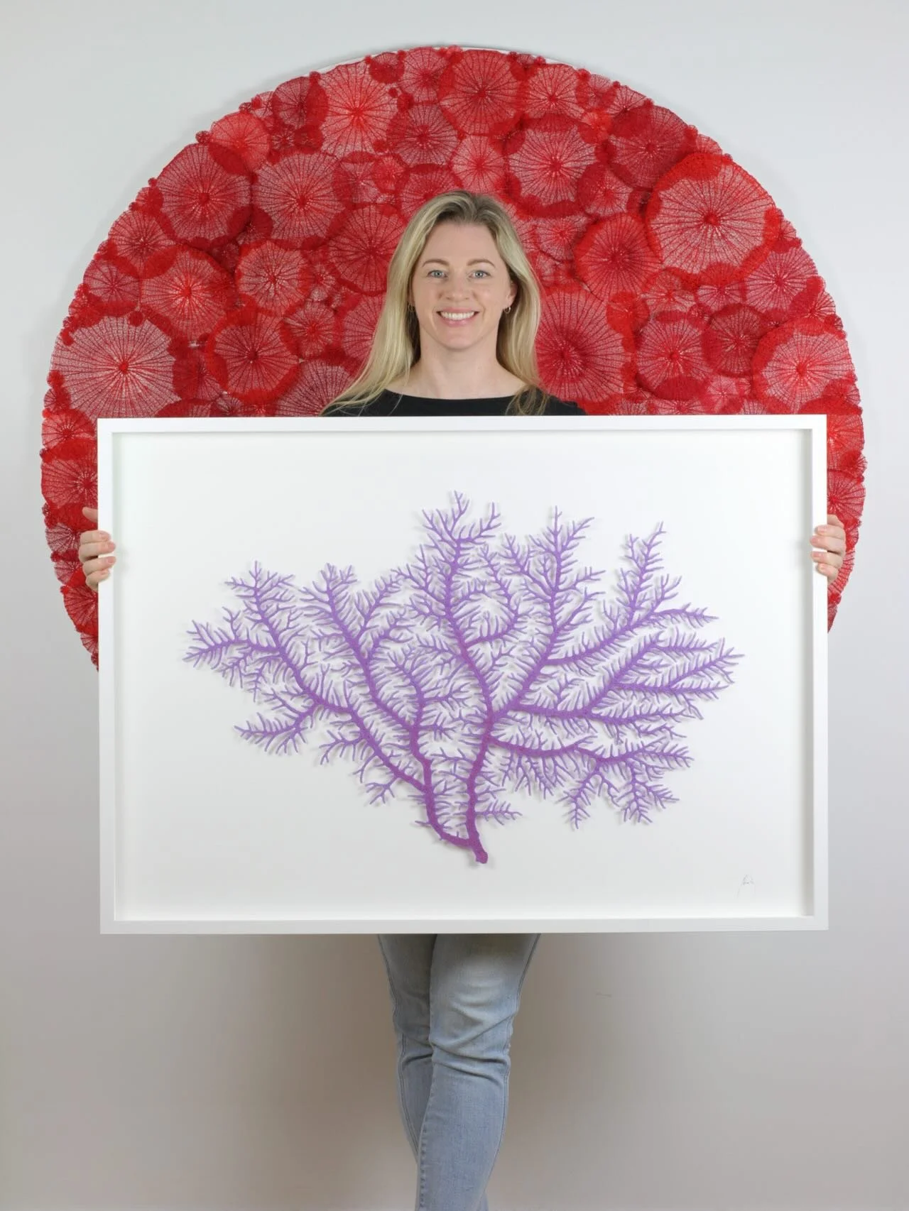 I love this series of three large coral studies from my 2023 solo show. 🪸

Each embroidery was a study of a specific genus of coral fan focusing on the colouring and structures that were typical of the genus. I love to see the differences between th