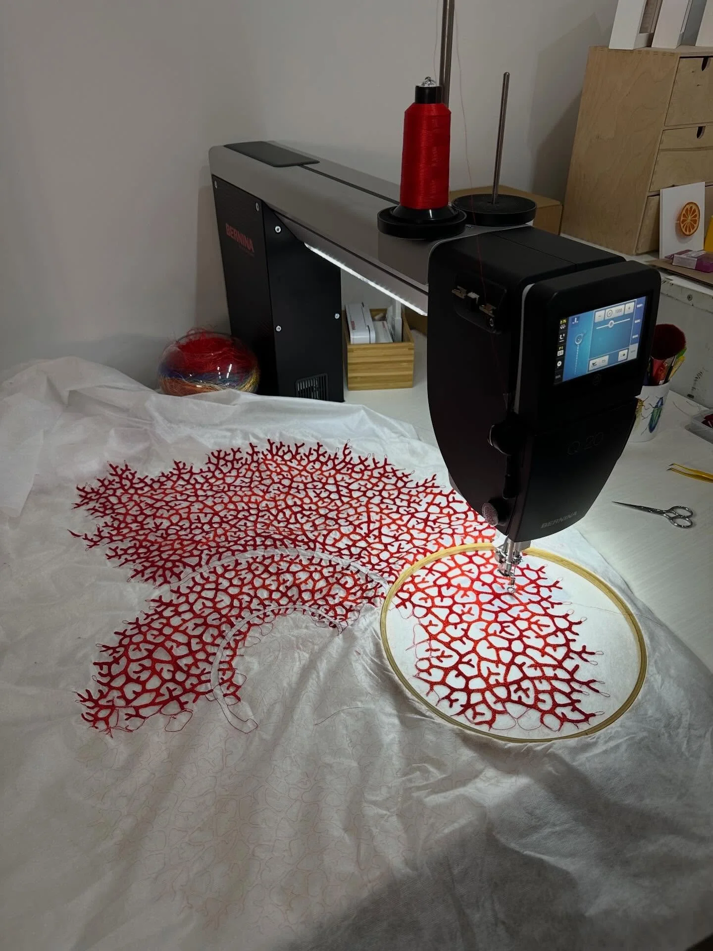 Progress is being made! About half way on this big beautiful coral spiral. ❤️🪸

#sculpturalembroidery #meredithwoolnough #textileart #embroideryartist #freehandmachineembroidery