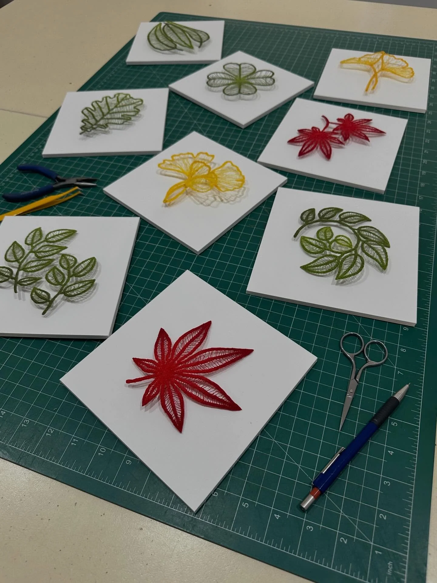 All lined up and ready to sign. The final step in the process. ✍️

This little series of leaf embroideries will be released for sale in the next few weeks via the &lsquo;originals&rsquo; page of my website. Details will be sent out to those on my mai