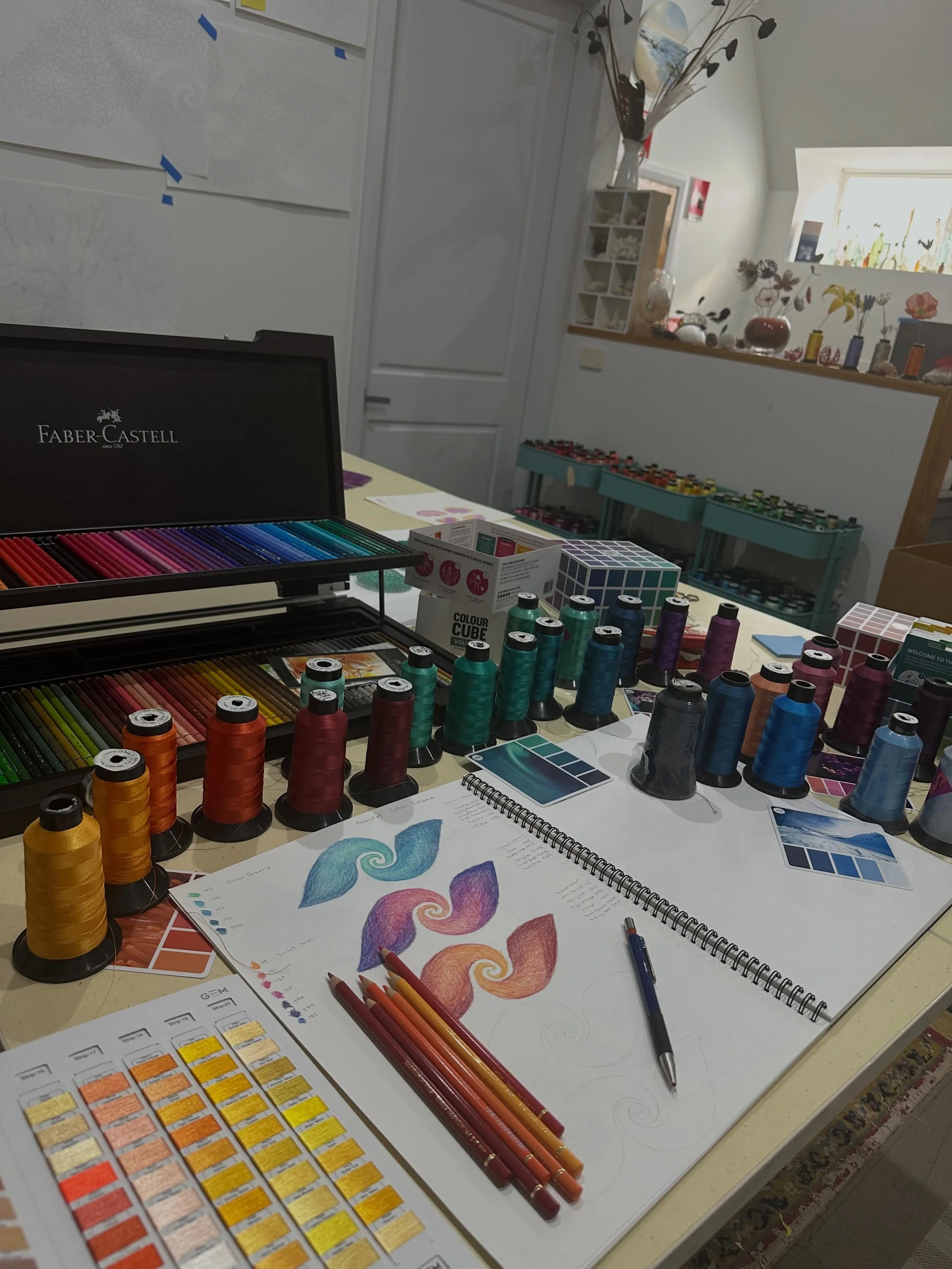 Colourful chaos on the desk today as I try to figure out a colour scheme for my next embroidery. 

I have also been playing with a set of &lsquo;colour cubes&rsquo; by @sarahrenaeclark to help spark colour ideas. Not sure if they are helping of just 